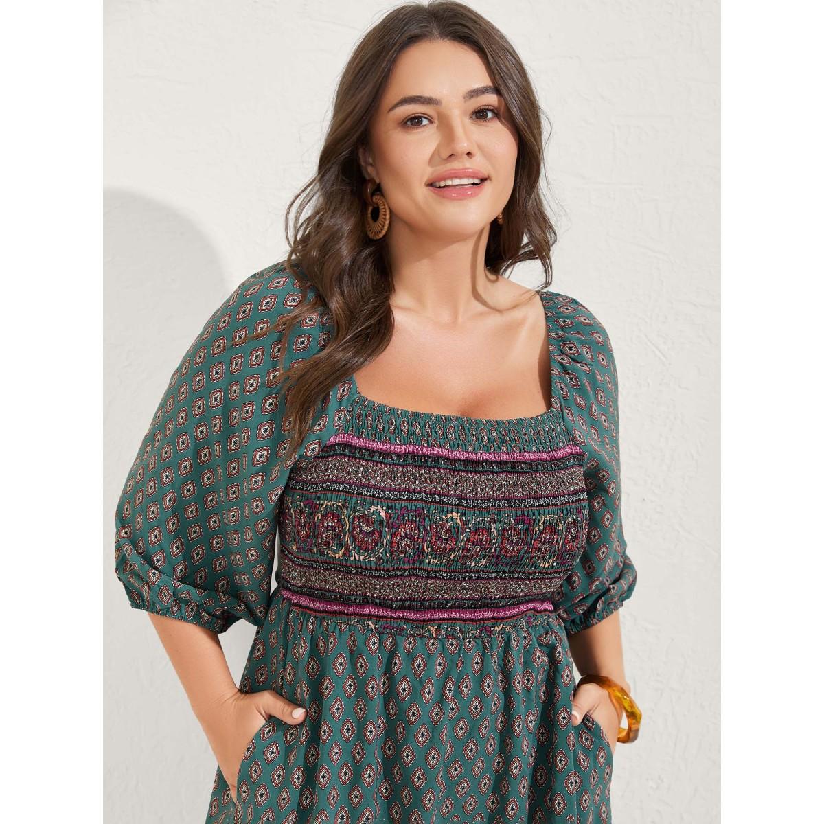Plus Size Paisley Print Shirred Bodice Midi Dress Teal Women Boho Square Neck Elbow-length sleeve Curvy BloomChic 26/4X Product Image