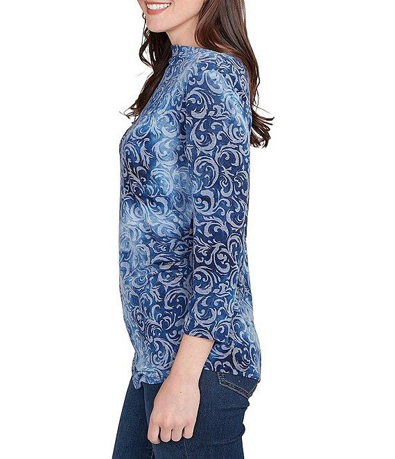Ruby Rd. Textured Knit Tie-Dye Scroll Floral Boat Neck 3/4 Sleeve Top Product Image