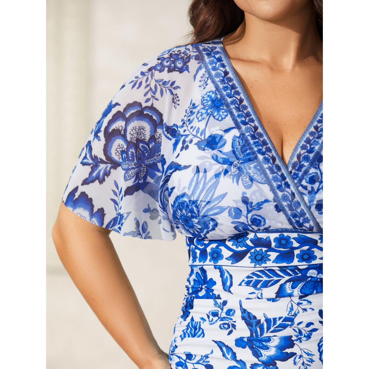 Plus Size Ruched Sheer Floral One-Piece Swimsuit Women's Swimwear Indigo Resort Gathered Curve Bathing Suits High stretch One Pieces BloomChic 26/4X Product Image