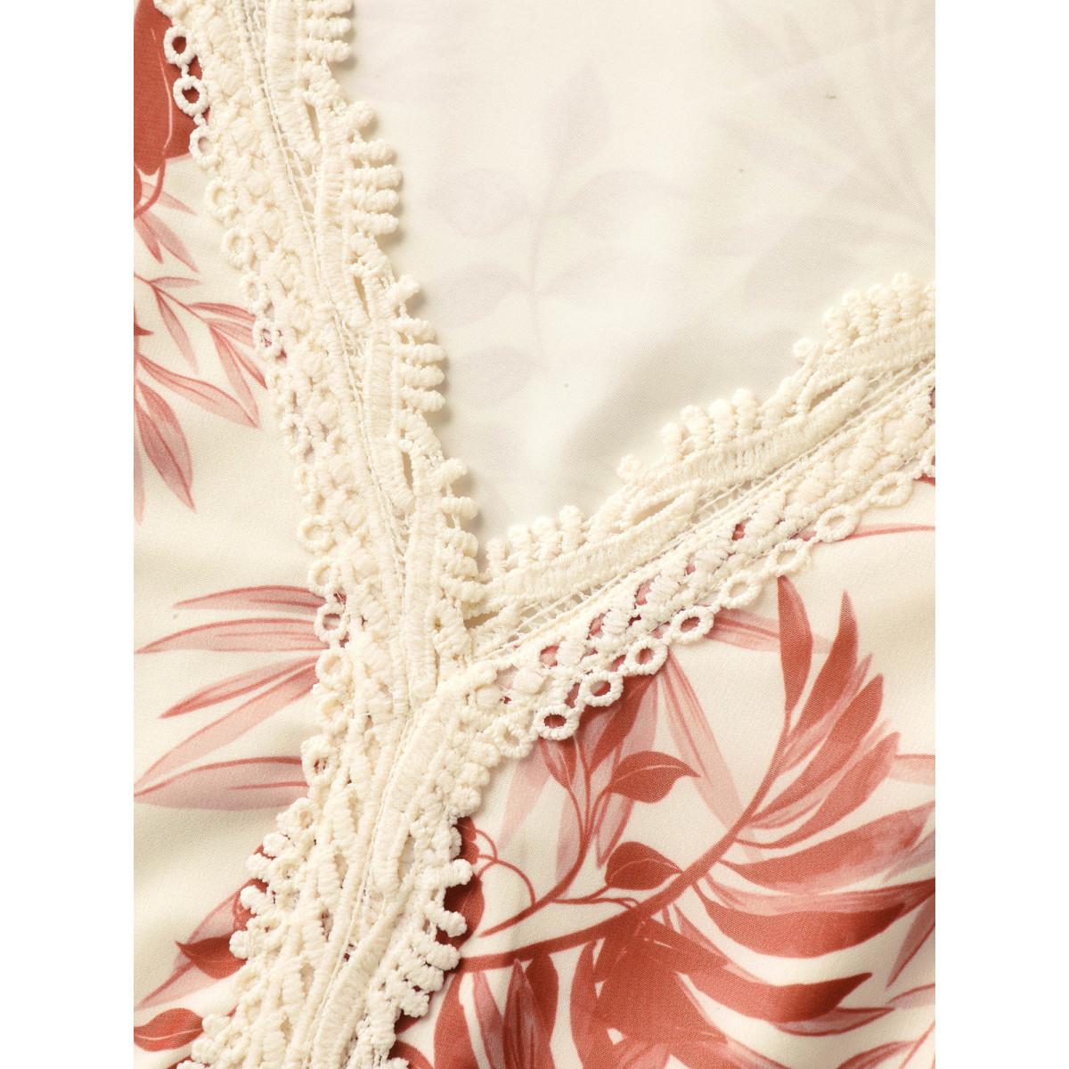 Plus Size Large Flower Print Lace Trim Maxi Dress Beanpastepowder Women V-neck Cap Sleeve Curvy BloomChic 22-24/3X Product Image