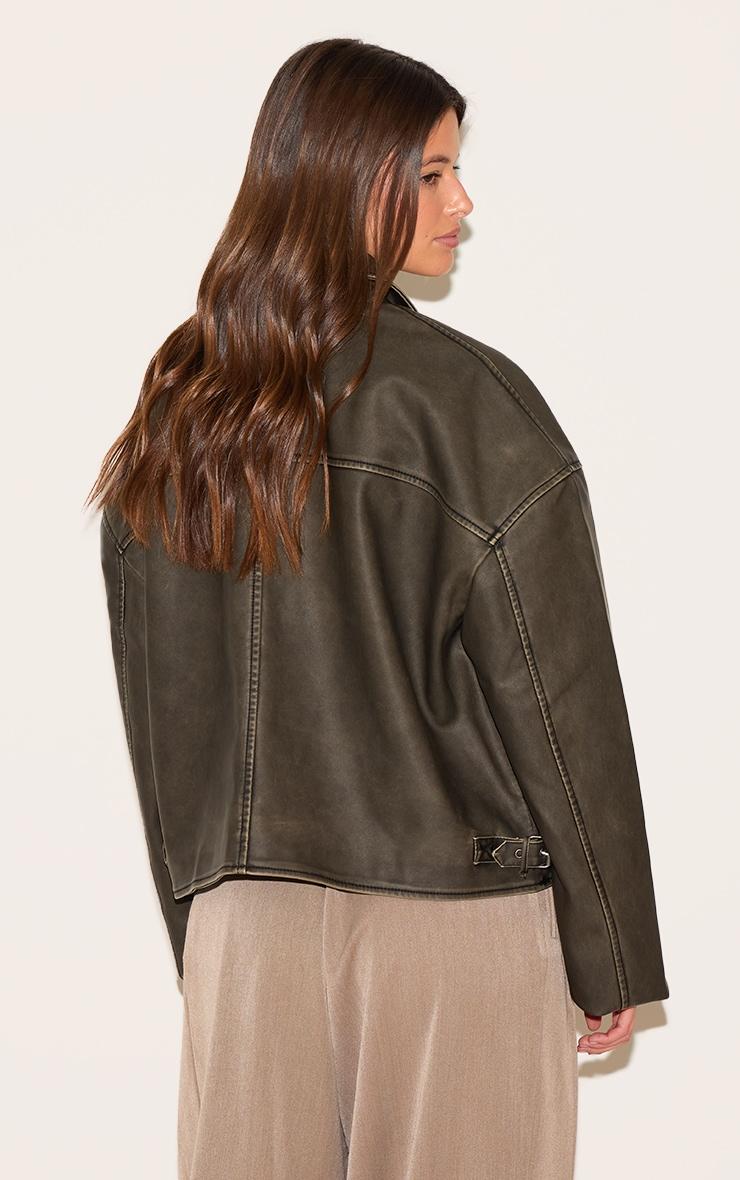 Brown Distressed Look Zip Boxy Trim Detail Biker Jacket Product Image