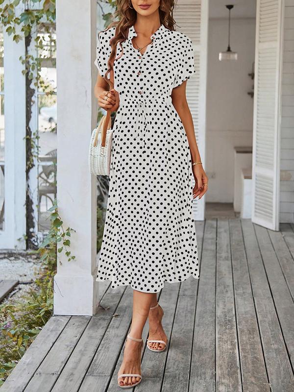 A-Line High Waisted Buttoned Drawstring Polka-Dot V-Neck Midi Dresses Product Image