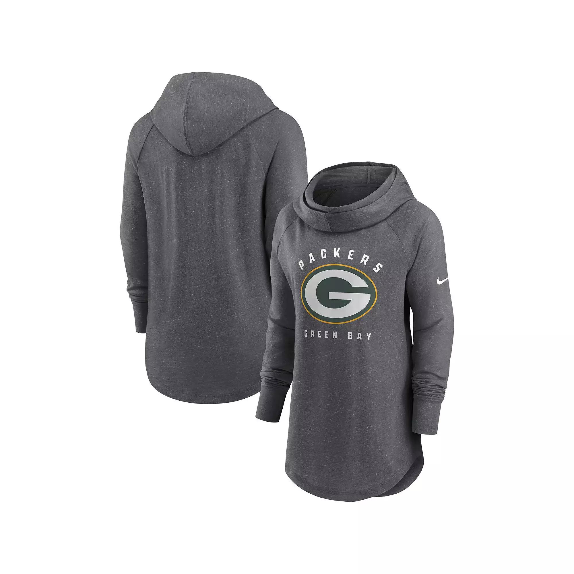Women's Nike Heather Charcoal Green Bay Packers Raglan Funnel Neck Pullover Hoodie, Size: XS Product Image