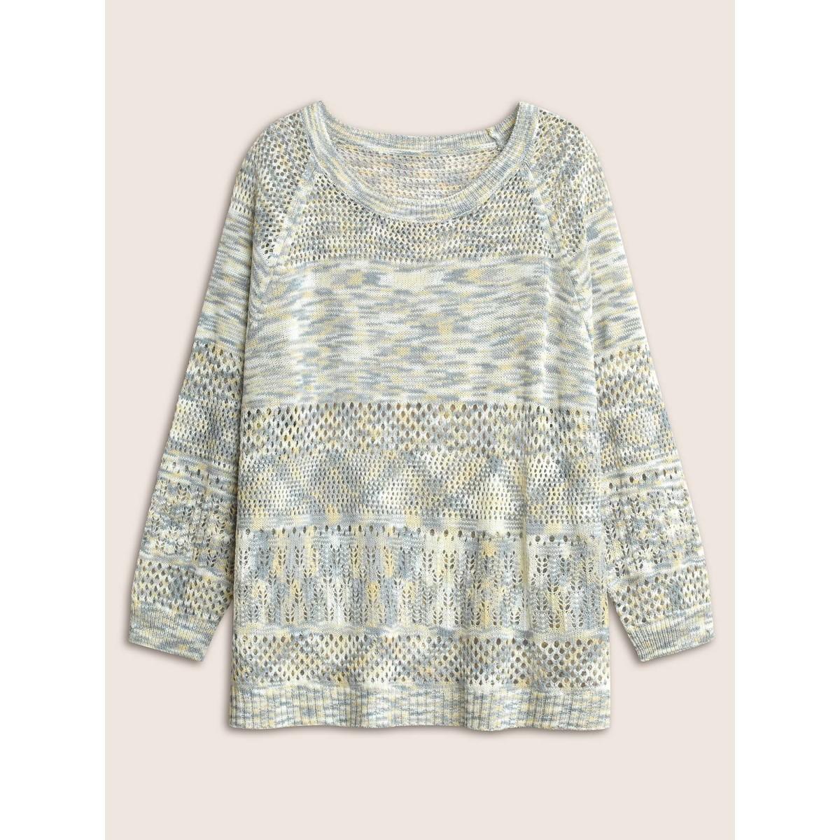 Plus Size Ombre Heather Hollow Out Texture Pullover Stone Women Casual Long Sleeve Round Neck Everyday Pullovers BloomChic 12/L Product Image