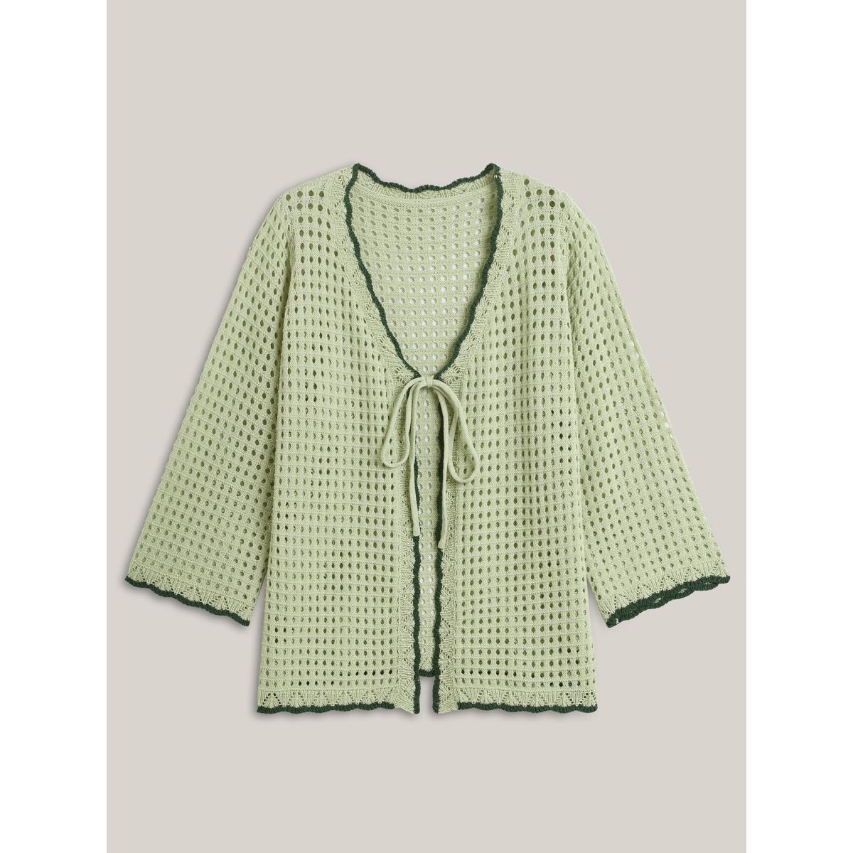 Plus Size Contrast Hem Front Mid Tie Knit Cardigan LightGreen Women Casual Loose Long Sleeve Everyday-Casual Cardigans BloomChic 22-24/3X Product Image