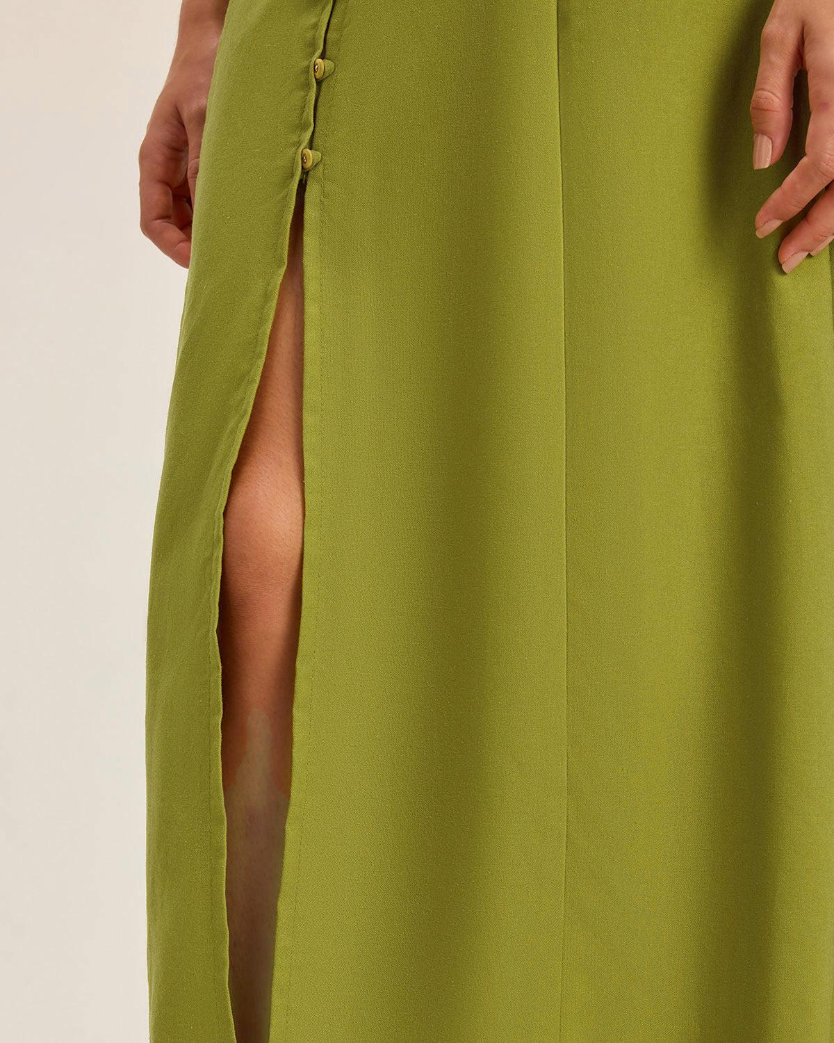 Green Square Neck Button Sleeveless Midi Dress Product Image