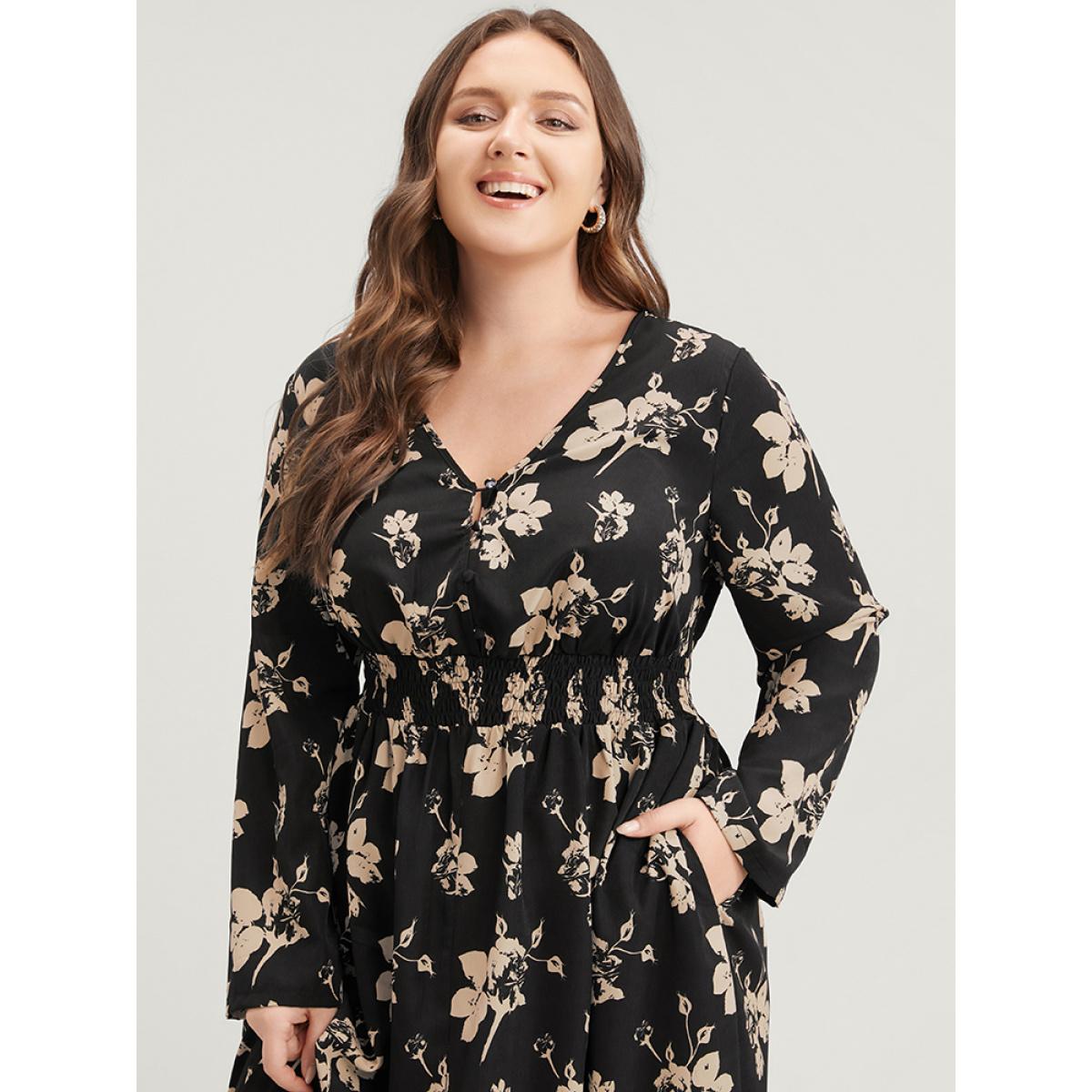Plus Size Floral V Neck Button Pocket Shirred Midi Dress Black Women Elegant Pocket V-neck Long Sleeve Curvy Midi Dress BloomChic 30/6X Product Image