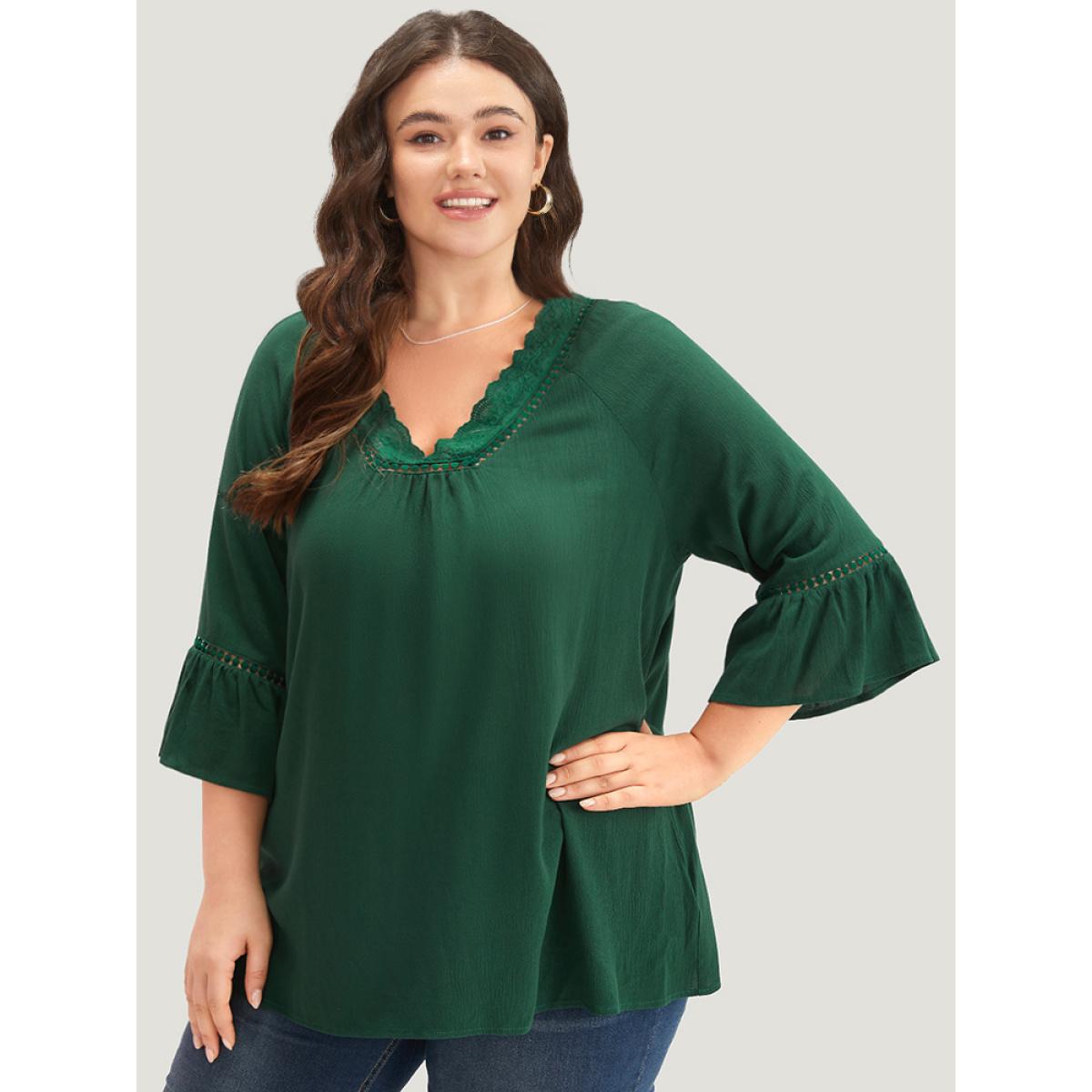 Plus Size Emerald Lace Panel Hollow Out Bell Sleeve Blouse Women Elegant Elbow-length sleeve V-neck Everyday Blouses BloomChic 30/6X Product Image