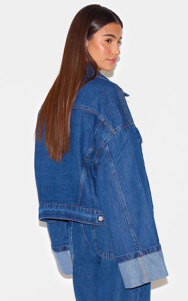 Mid Blue Wash Contrast Stitch Turn Up Cuff Oversized Denim Jacket Product Image