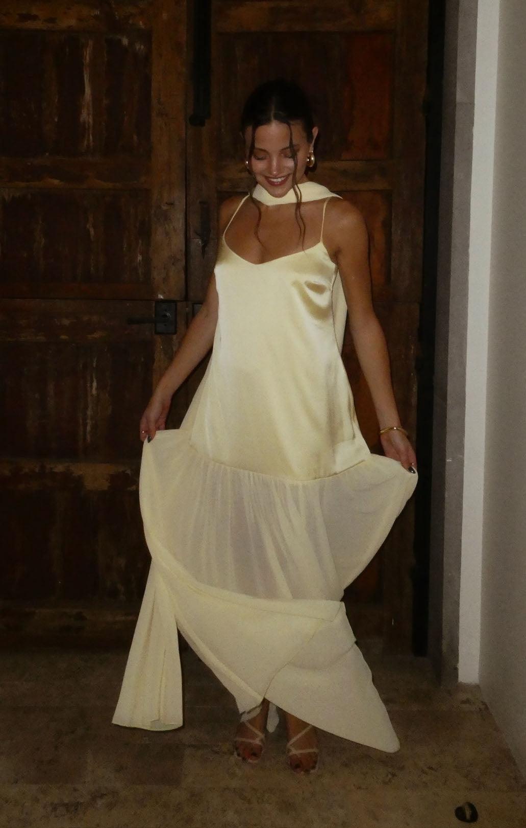 Dalia Maxi Dress ~ Pale Yellow Luxe Satin Product Image