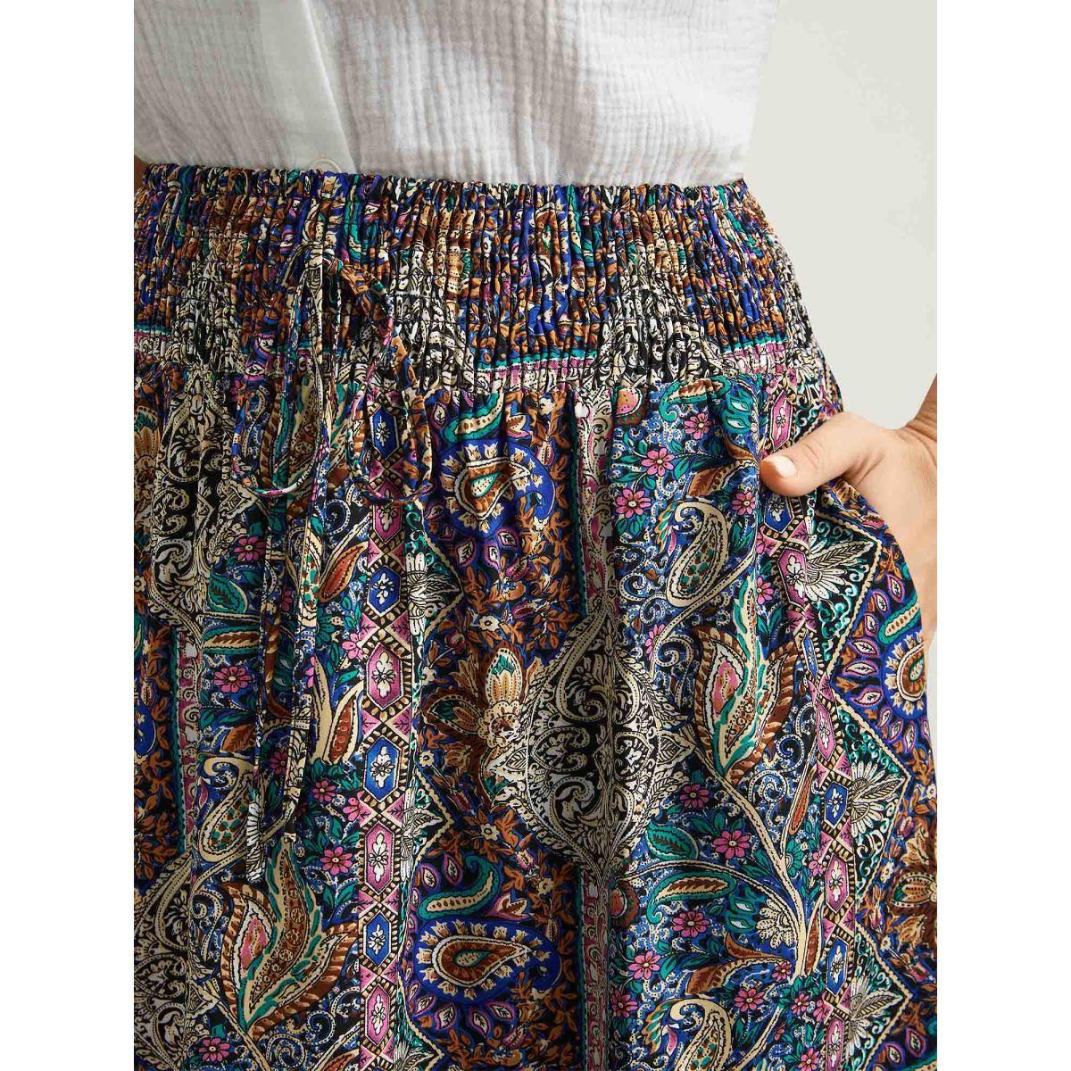 Plus Size Boho Print Shirred Waist Midi Skirt Women Multicolor Boho Tie knot Loose No stretch Side seam pocket Vacation Skirts BloomChic 18-20/2X Product Image
