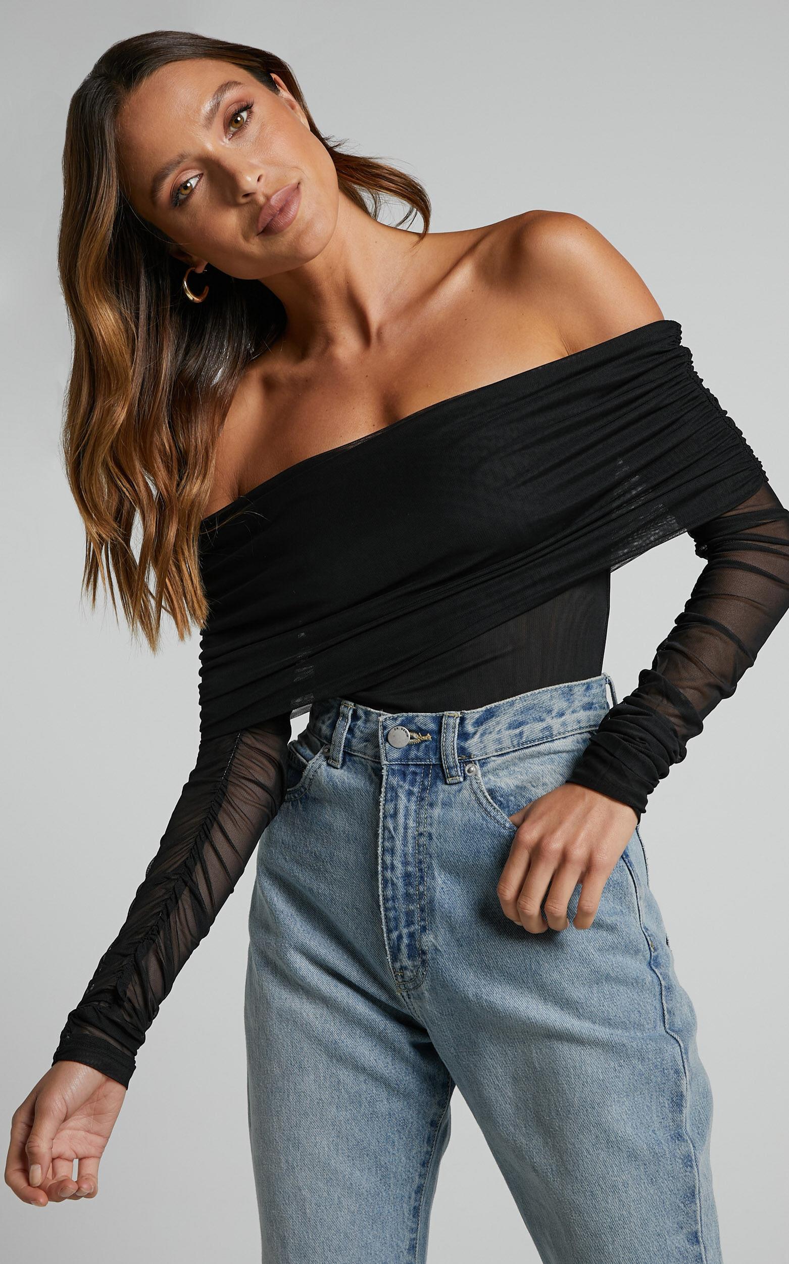 Jaythen Bodysuit - Long Sleeve Off Shoulder Ruched Mesh Bodysuit in Black Product Image