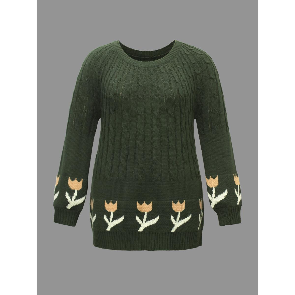 Plus Size Cable Knit Floral Ribbed Hem Pullover ArmyGreen Women Casual Loose Long Sleeve Round Neck Everyday Pullovers BloomChic 12/L Product Image