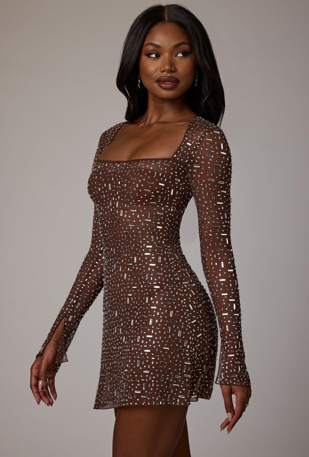 Sheer Embellished Long Sleeve A-Line Mini Dress in Deep Cocoa Product Image
