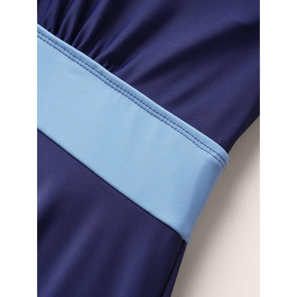 Plus Size Two Tone Gathered Overlap Collar Swim Dress Women's Swimwear Indigo Beach Bodycon Overlap Collar High stretch Curve Swim Dresses BloomChic 10/M Product Image