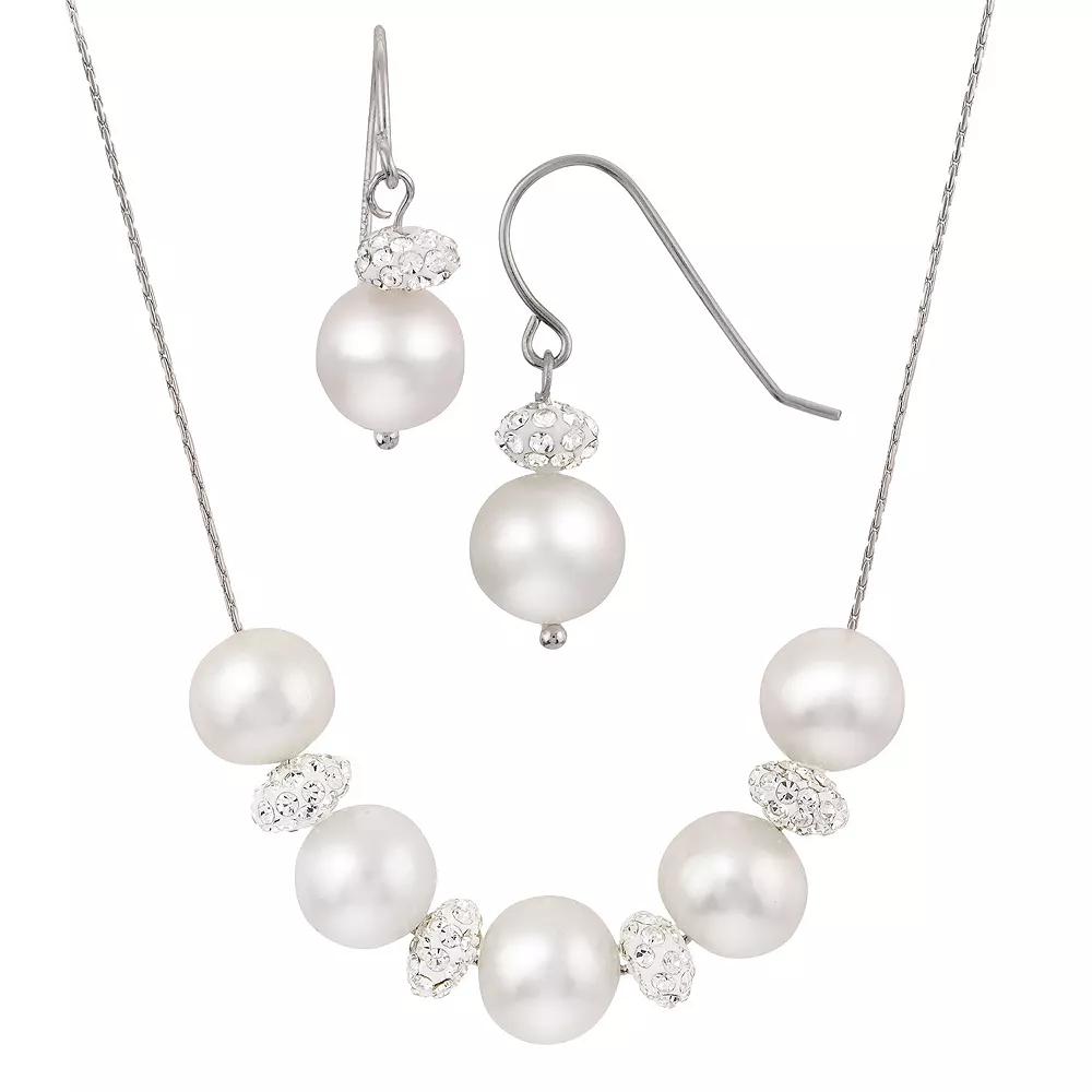 PearLustre by Imperial Freshwater Cultured Pearl & Crystal Bead Sterling Silver Necklace & Earring Set, Women's,  Product Image