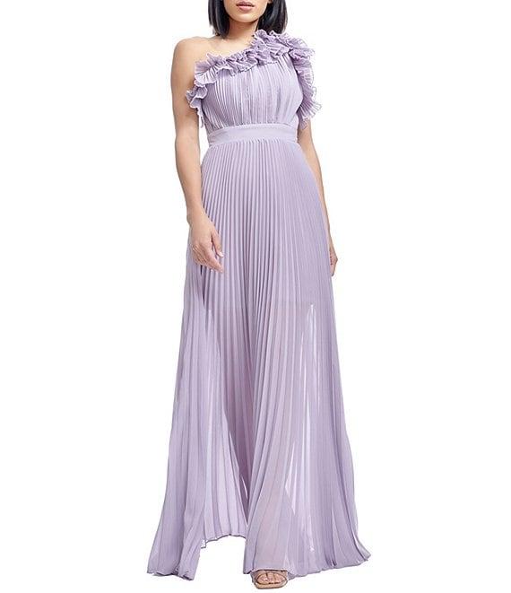 Dress the Population Vida Ruffle One Shoulder Sleeveless Pleated Gown Product Image