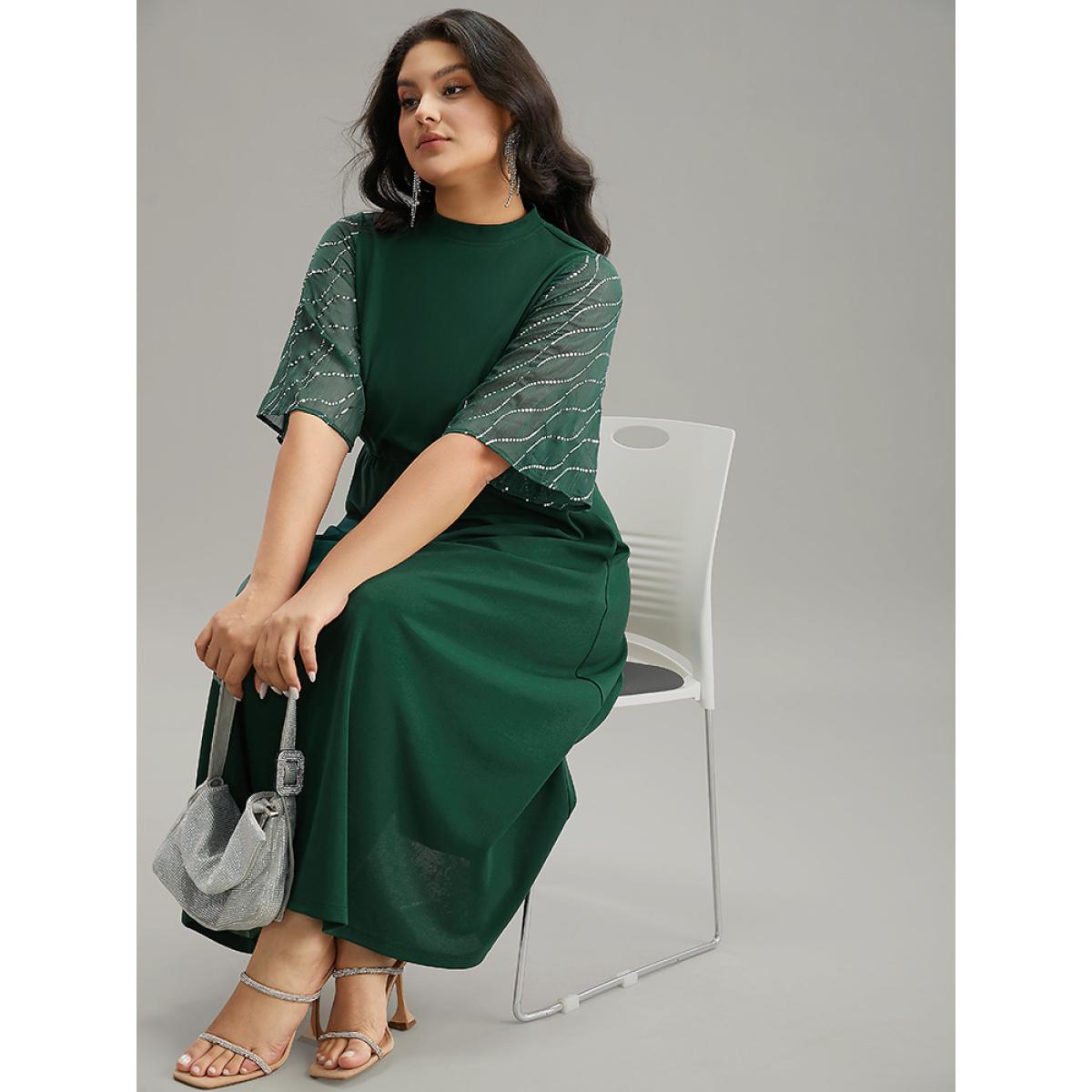 Plus Size Plain Mesh Sequin Patchwork Ruffle Sleeve Dress DarkGreen Women Party Sequin Stand-up collar Short sleeve Curvy Midi Dress BloomChic 14-16/1X Product Image
