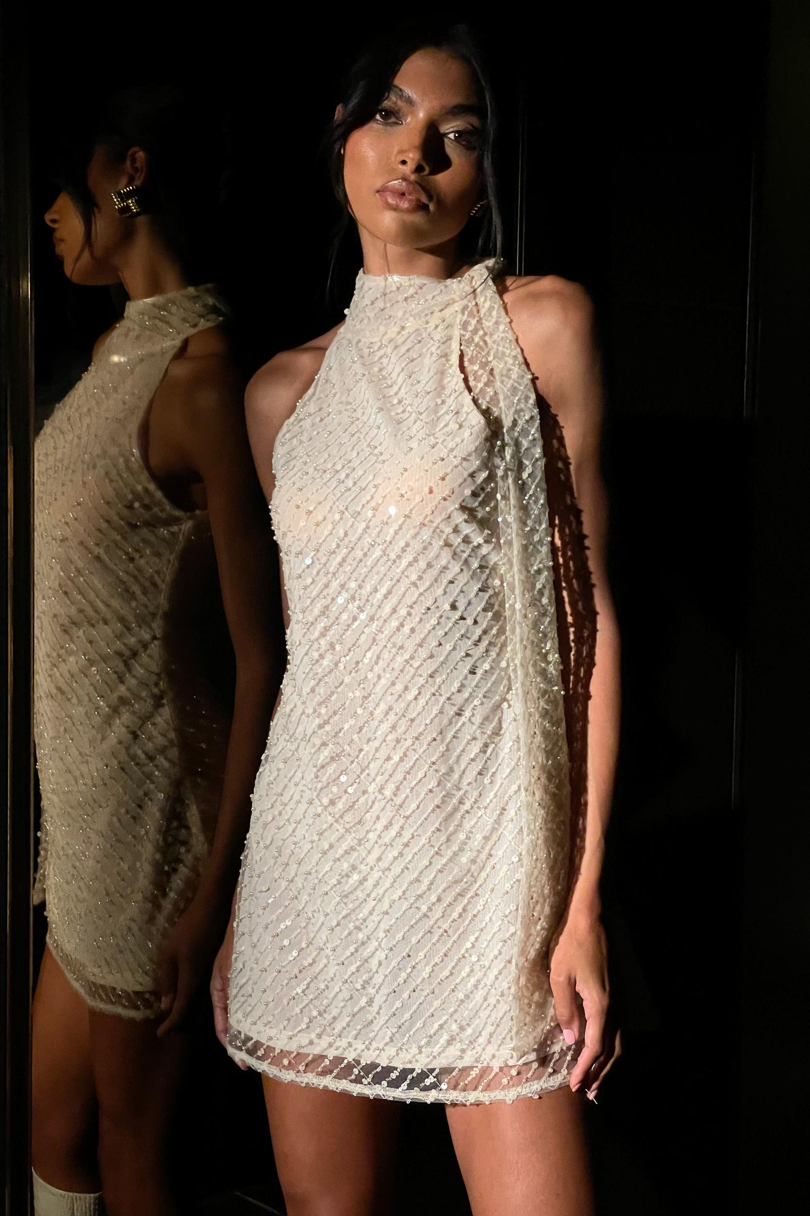 Aubriella Sequin Halter Mini Dress With Tie - Buttercream Product Image