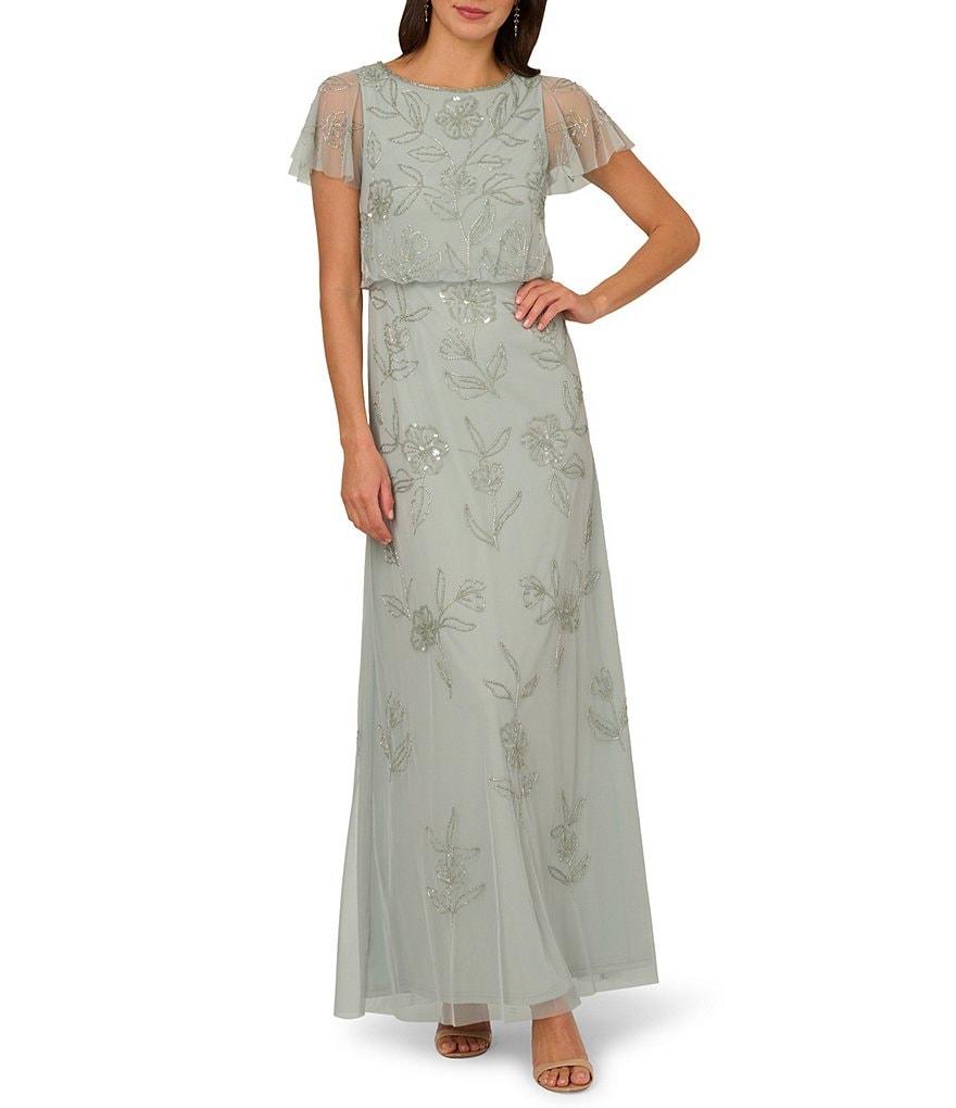 Adrianna Papell Crew Neck Short Flutter Sleeve Beaded Blouson Dress Product Image