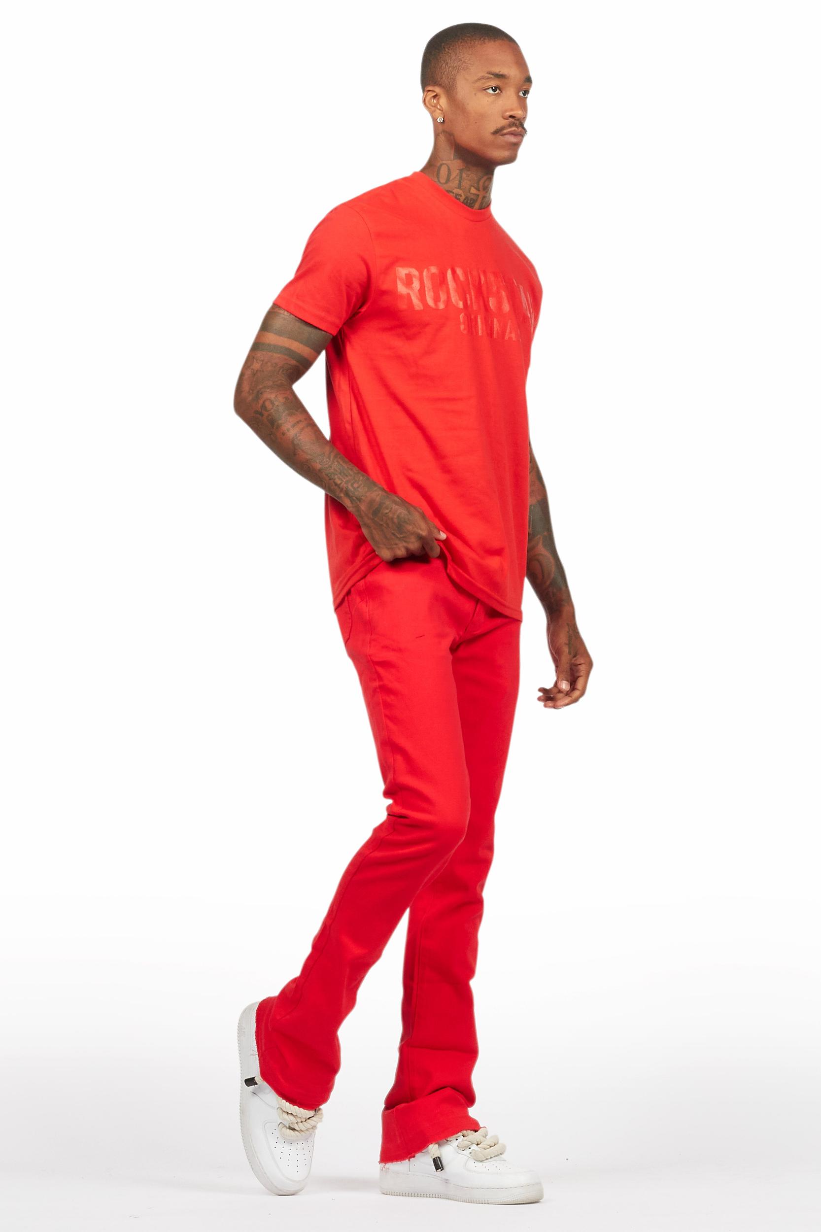 Sana Red T-Shirt/Dag Stacked Flare Jean Set Male Product Image