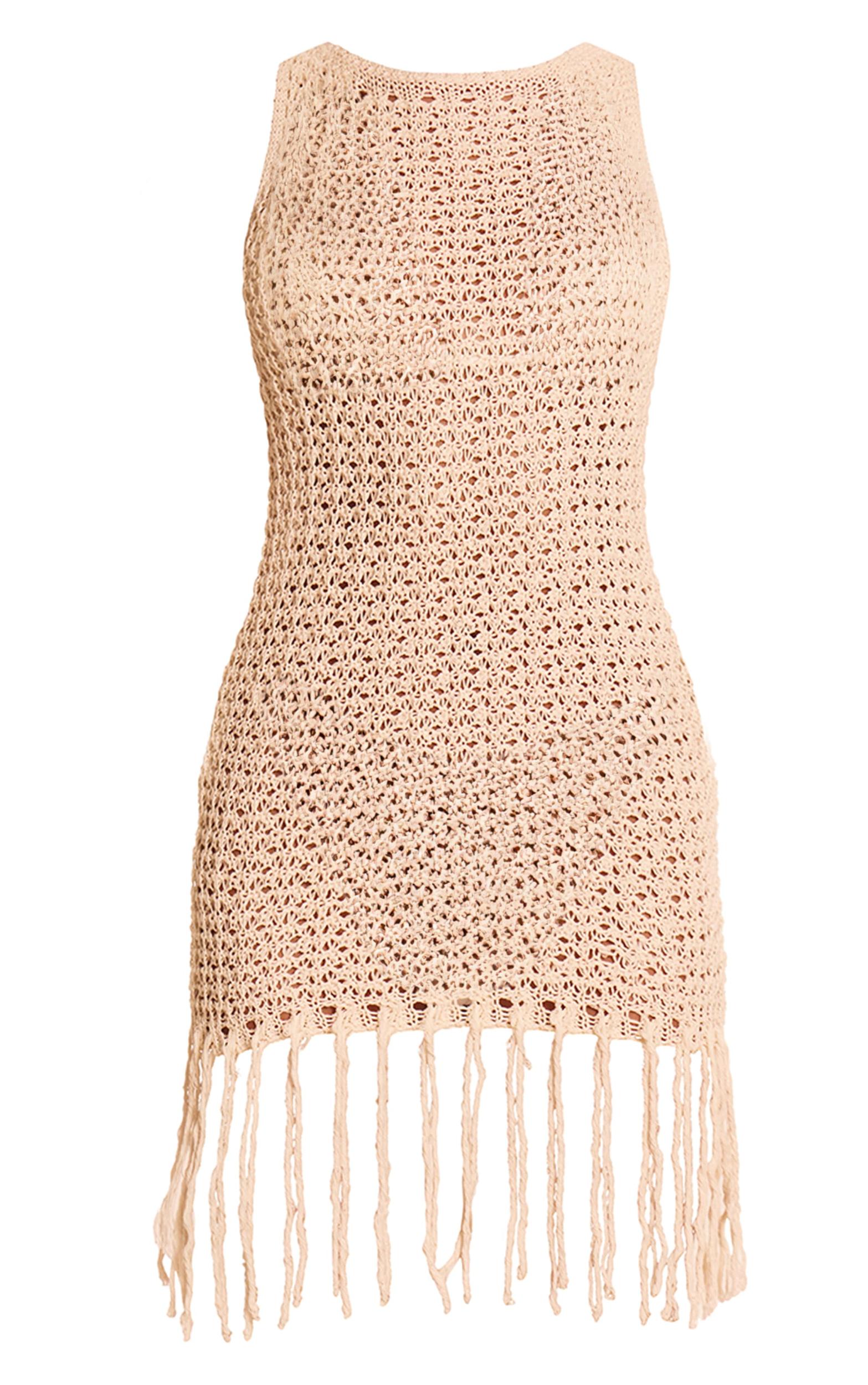 Cream Crochet Boat Neck Tassel Mini Dress Product Image