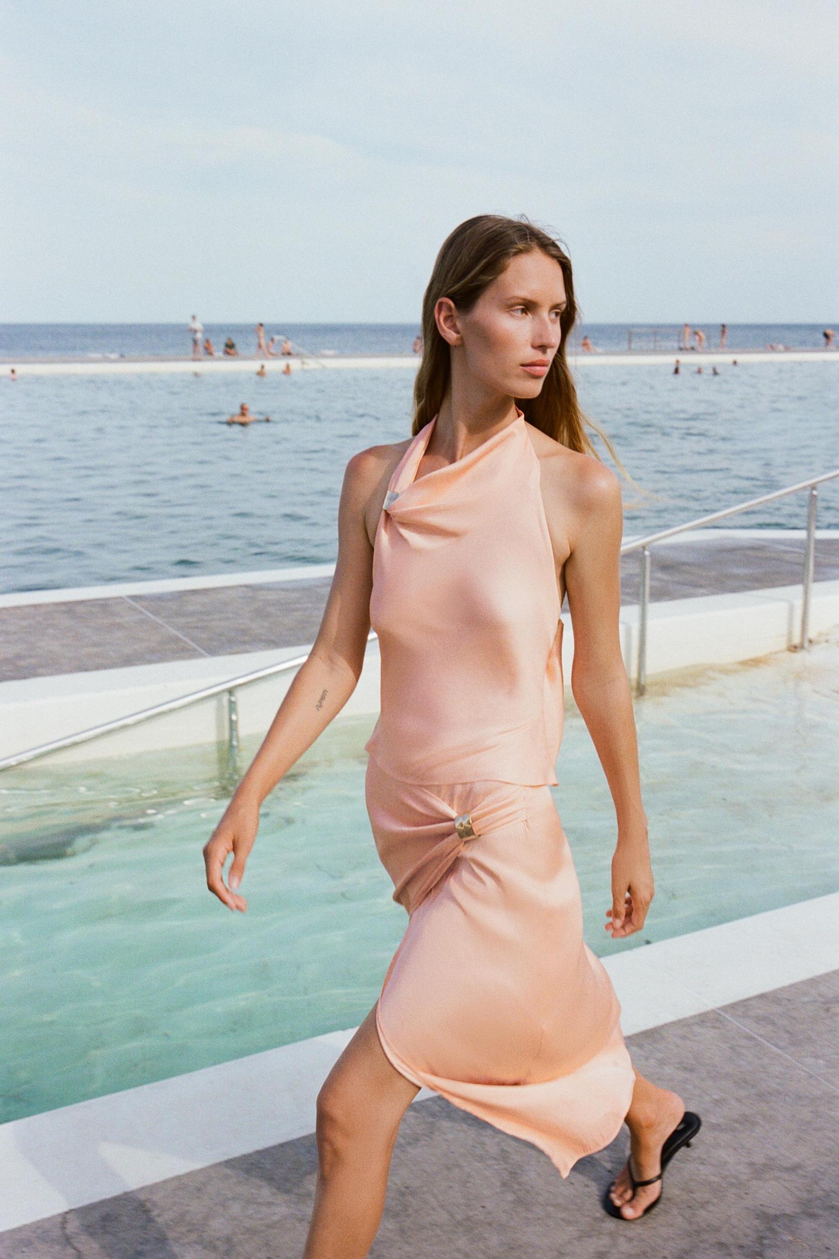 SATIN HALTER TOP WITH GOLD APPLIQUÉ Product Image