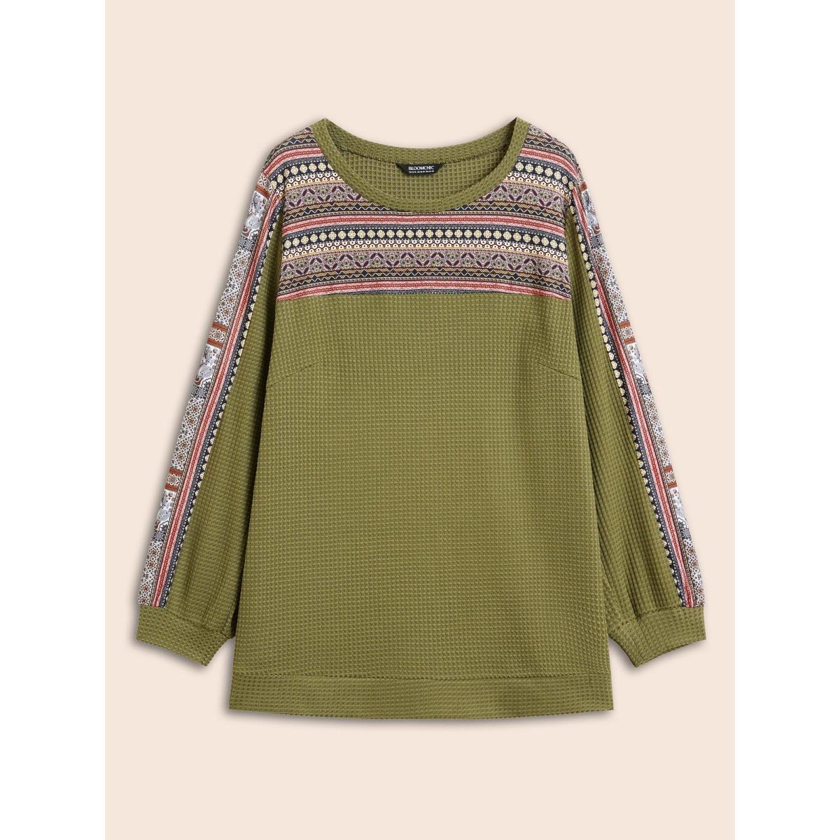 Plus Size Boho Print Patchwork Waffle Knit Crew Neck Sweatshirt Women ArmyGreen Leisure Elastic cuffs Round Neck Casual Sweatshirts BloomChic 22-24/3X Product Image