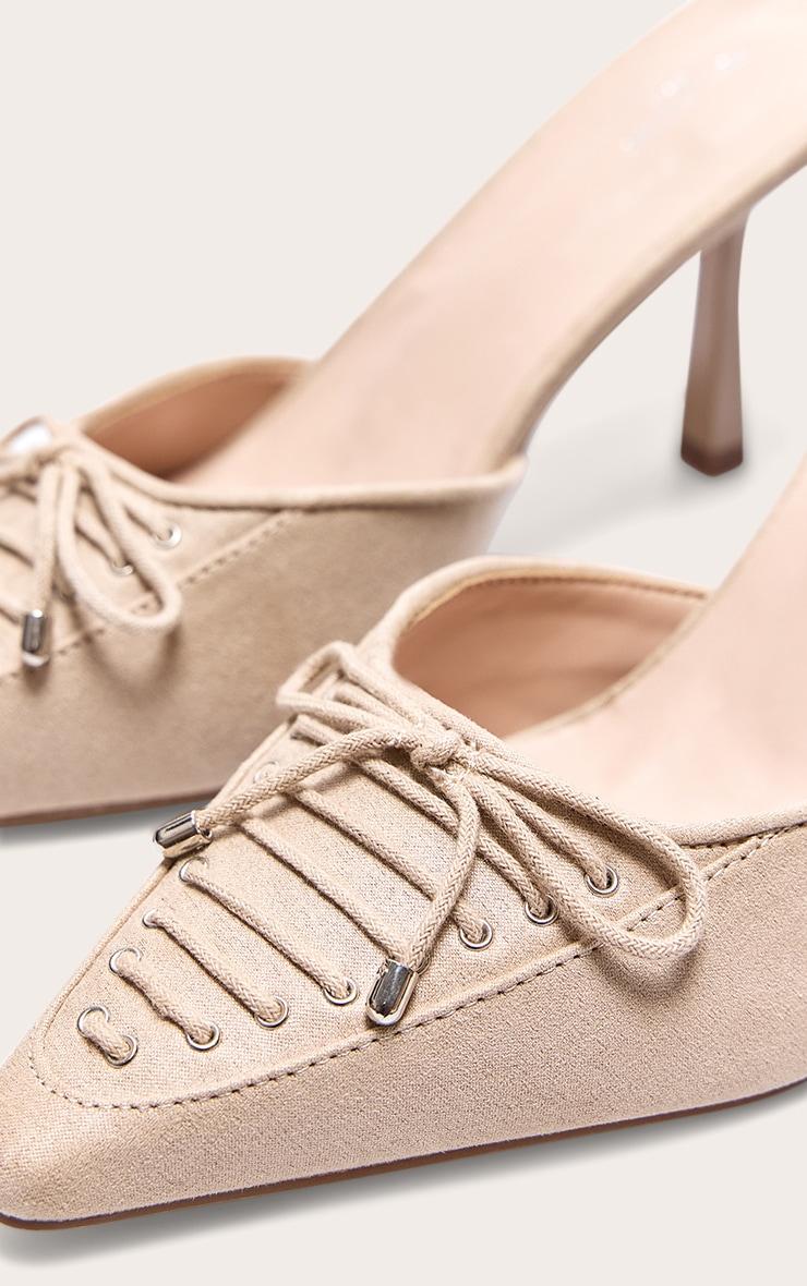 Beige Faux Suede Wide Fit Pointed Toe Lace Up Heeled Mules Product Image