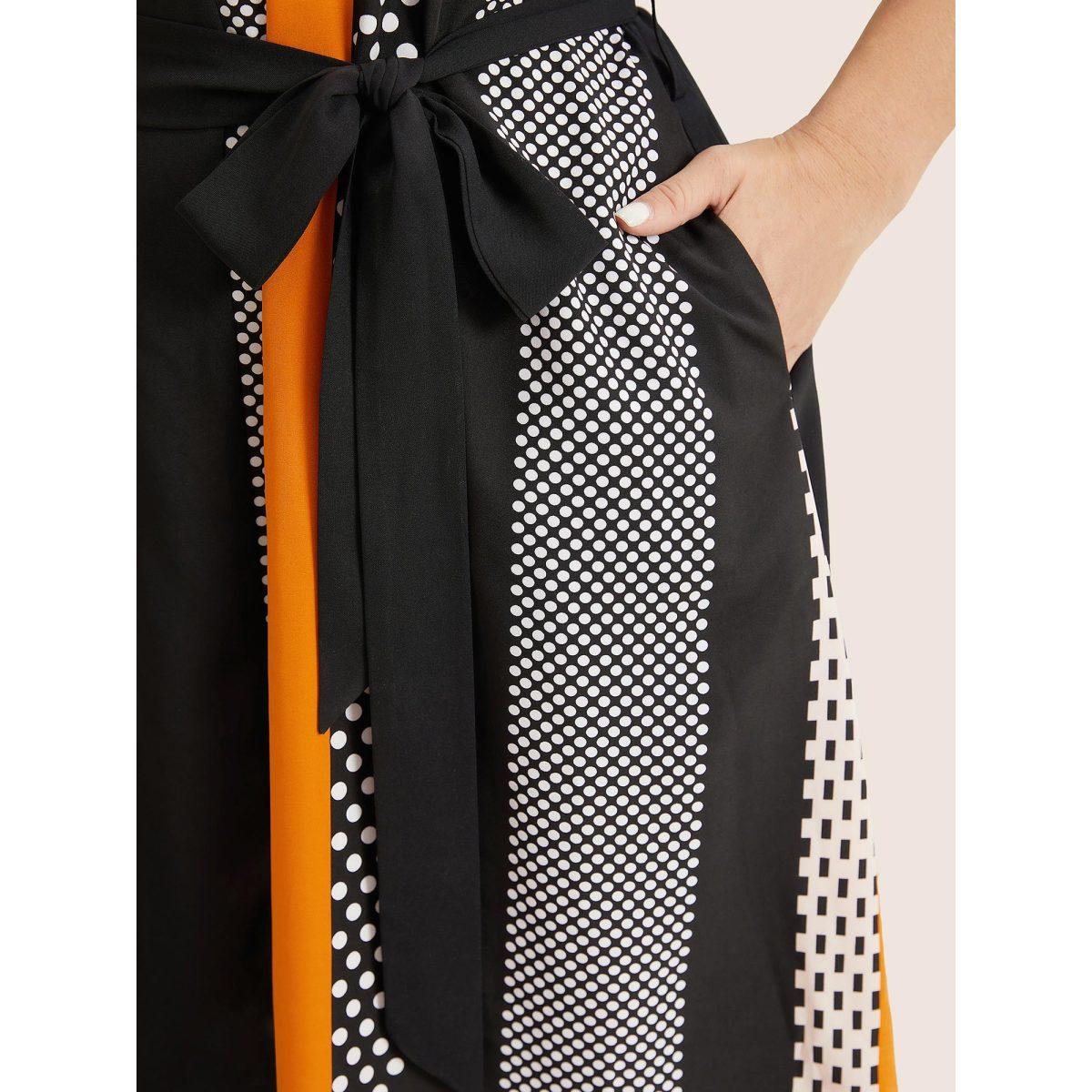 Plus Size Striped Patchwork Arc Hem Pocket Batwing Sleeve Belt Dress Black Women Resort Non Notched collar Short sleeve Curvy Midi Dress BloomChic 14-16/1X Product Image