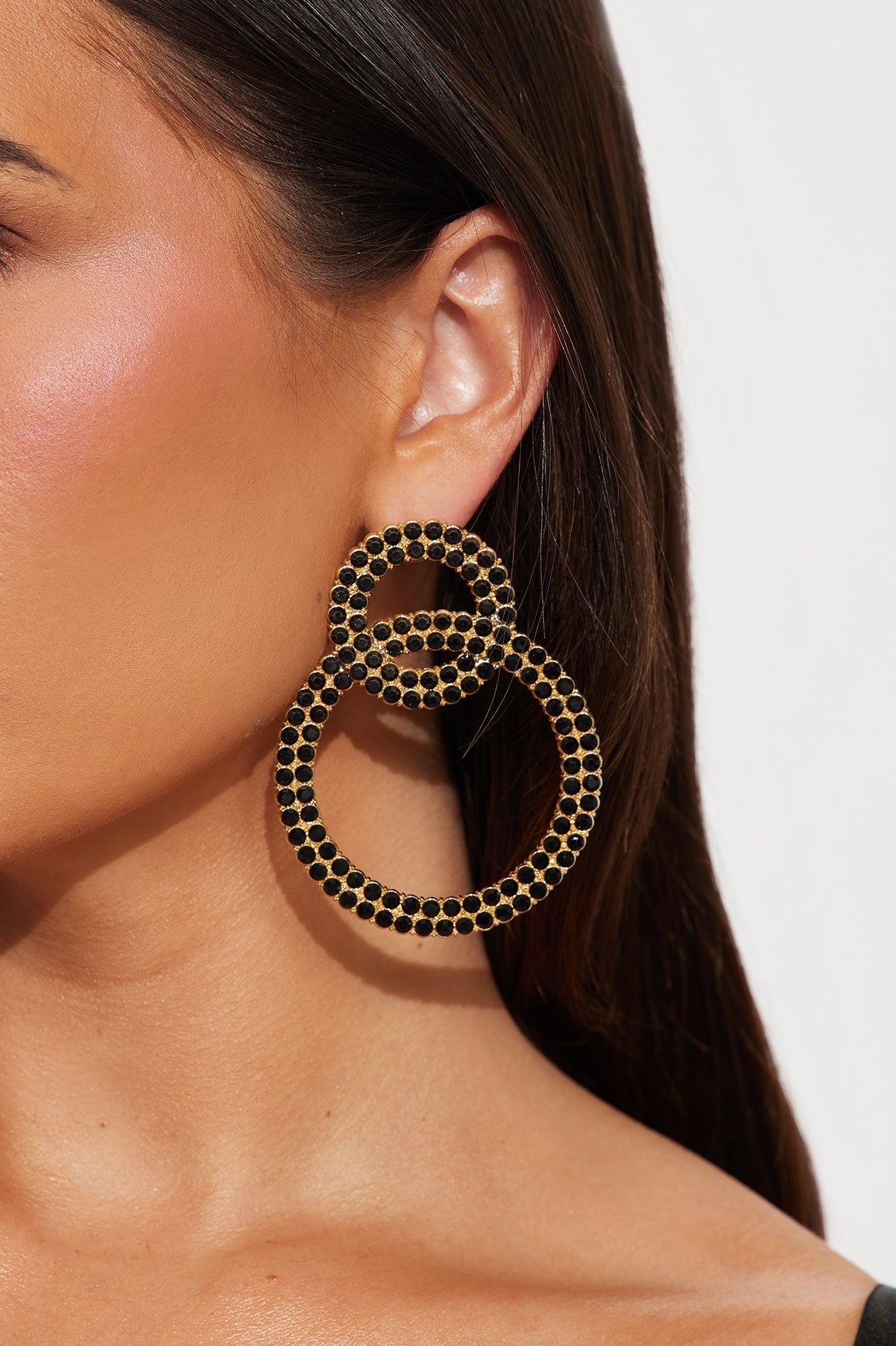 Stunting On You Rhinestone Double Hoop Earrings - Black Female Product Image