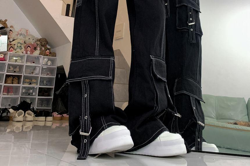 High Rise Contrast Stitching Buckled Loose Fit Cargo Jeans Product Image
