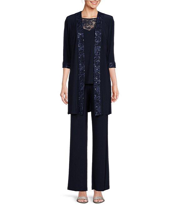 Le Bos Embroidered Trim Round Neck 3/4 Sleeve Duster 3-Piece Pant Set Product Image