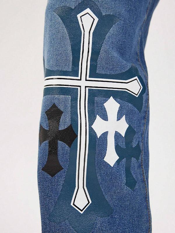 Men's Clashing Cross Print Loose Jeans Product Image