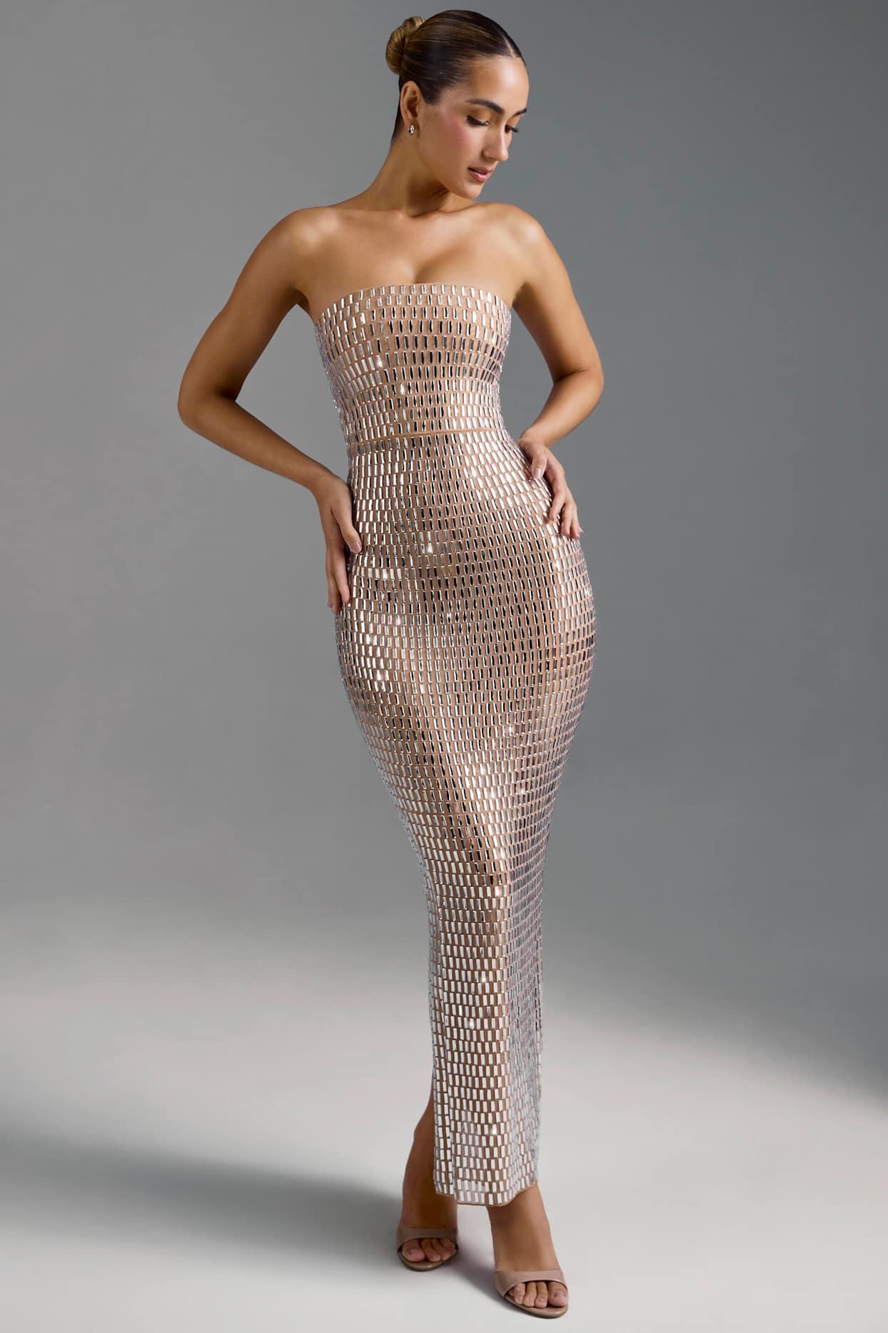 Embellished Bandeau Maxi Dress in Almond Product Image