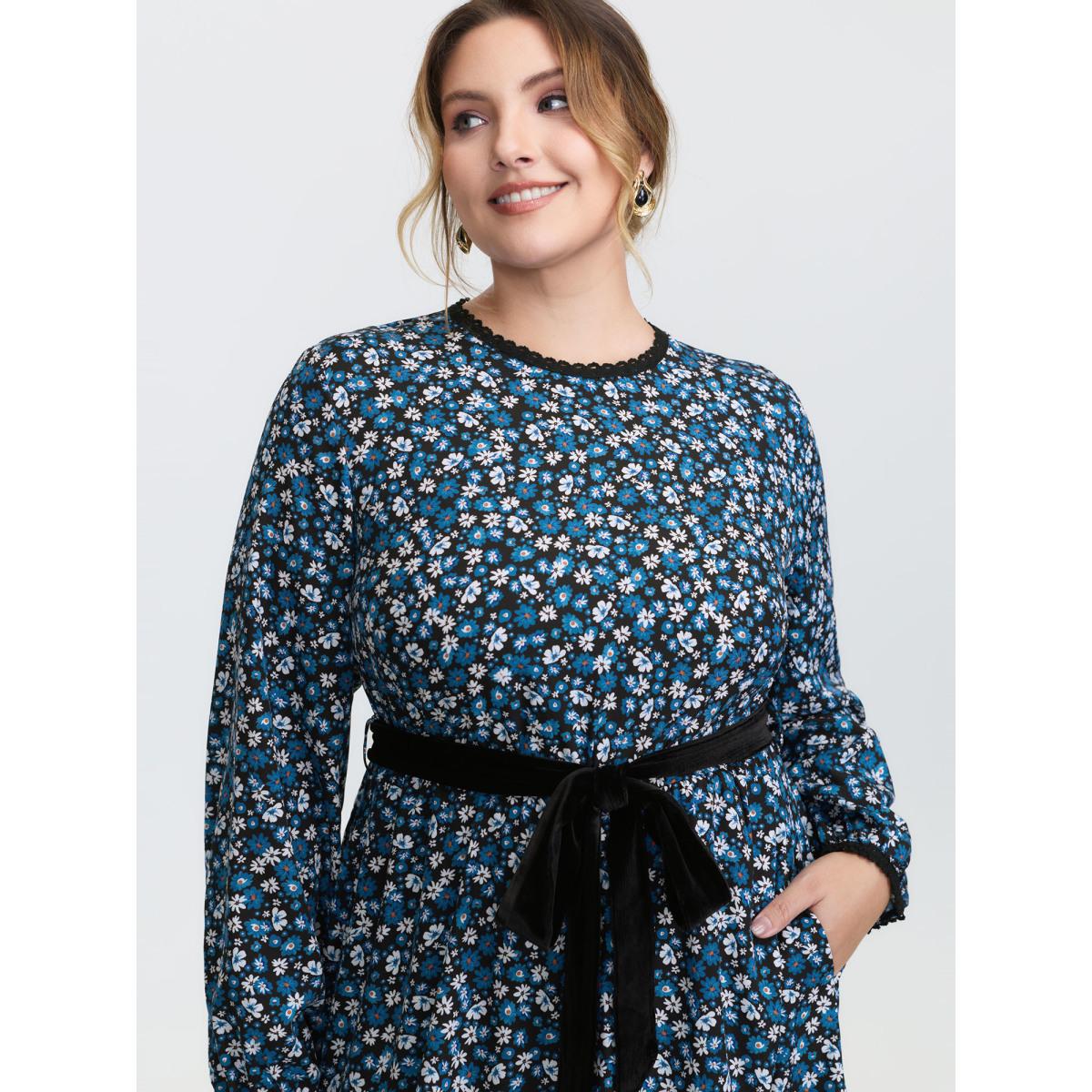 Plus Size Floral Print Contrast Color Belted Midi Dress Black Women Timeless Woven ribbon&lace trim Round Neck Long Sleeve Curvy BloomChic 28/5X Product Image