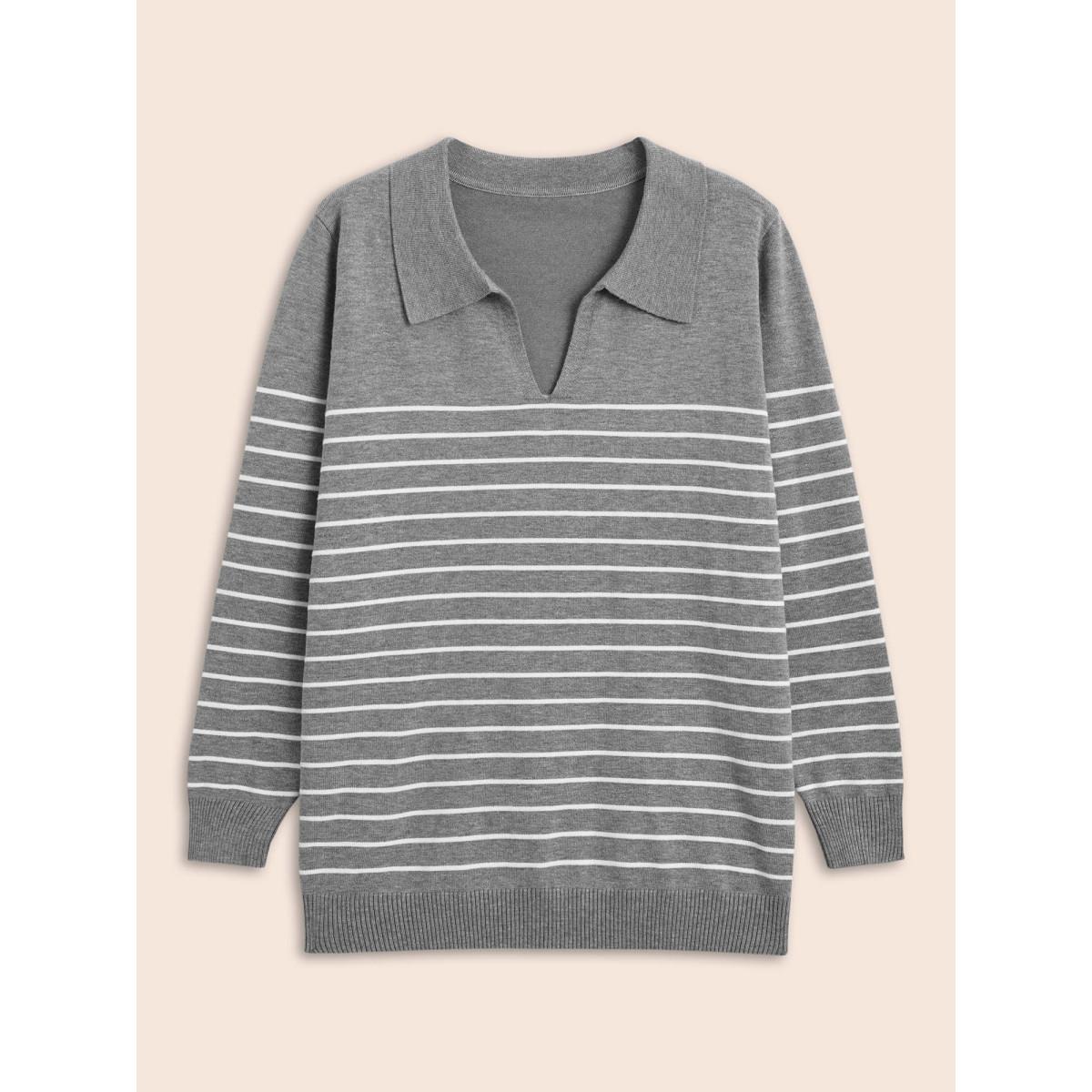 Plus Size Supersoft Essentials Striped Knit Pullover Mediumgray Women Workwear Essentials Three Quater Length Sleeve Polo Work Pullovers BloomChic 18-20/2X Product Image