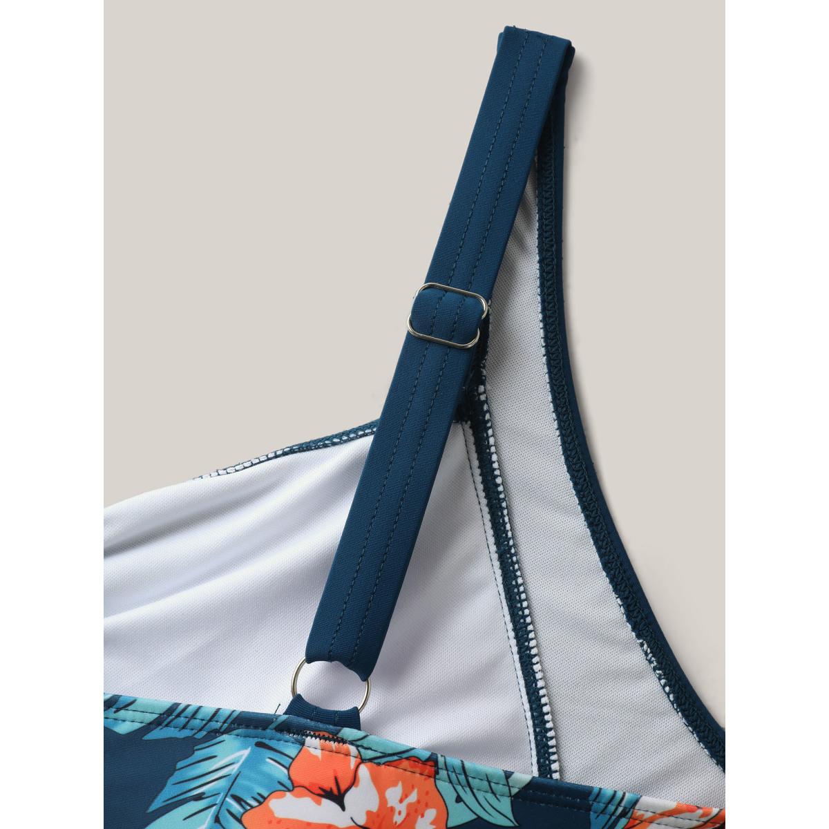 Plus Size Tropical Print Ruched Spliced Swim Top Women's Swimwear Indigo Resort Gathered High stretch Skinny Heart neckline Curve Swim Tops BloomChic 18-20/2X Product Image