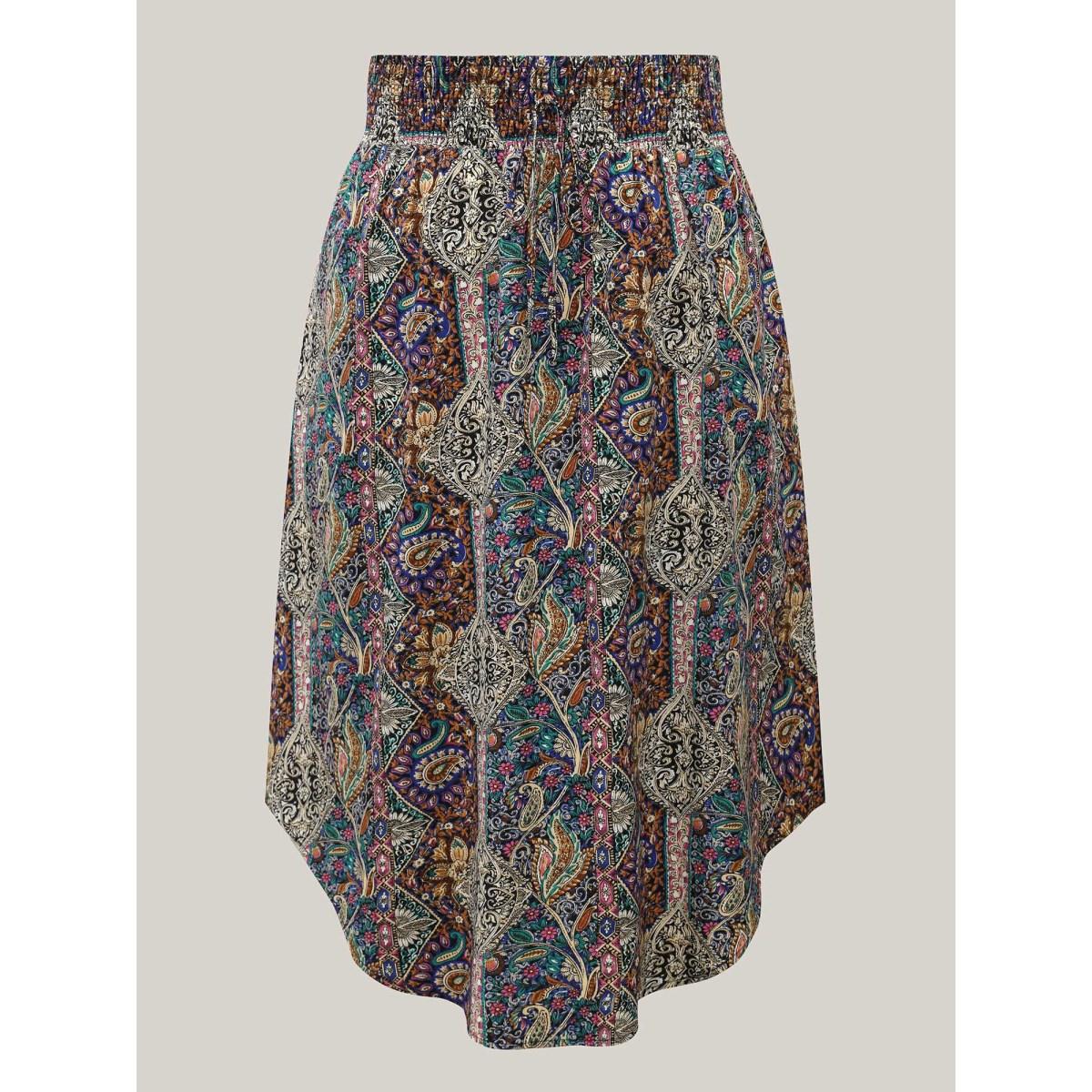 Plus Size Boho Print Shirred Waist Midi Skirt Women Multicolor Boho Tie knot Loose No stretch Side seam pocket Vacation Skirts BloomChic 18-20/2X Product Image