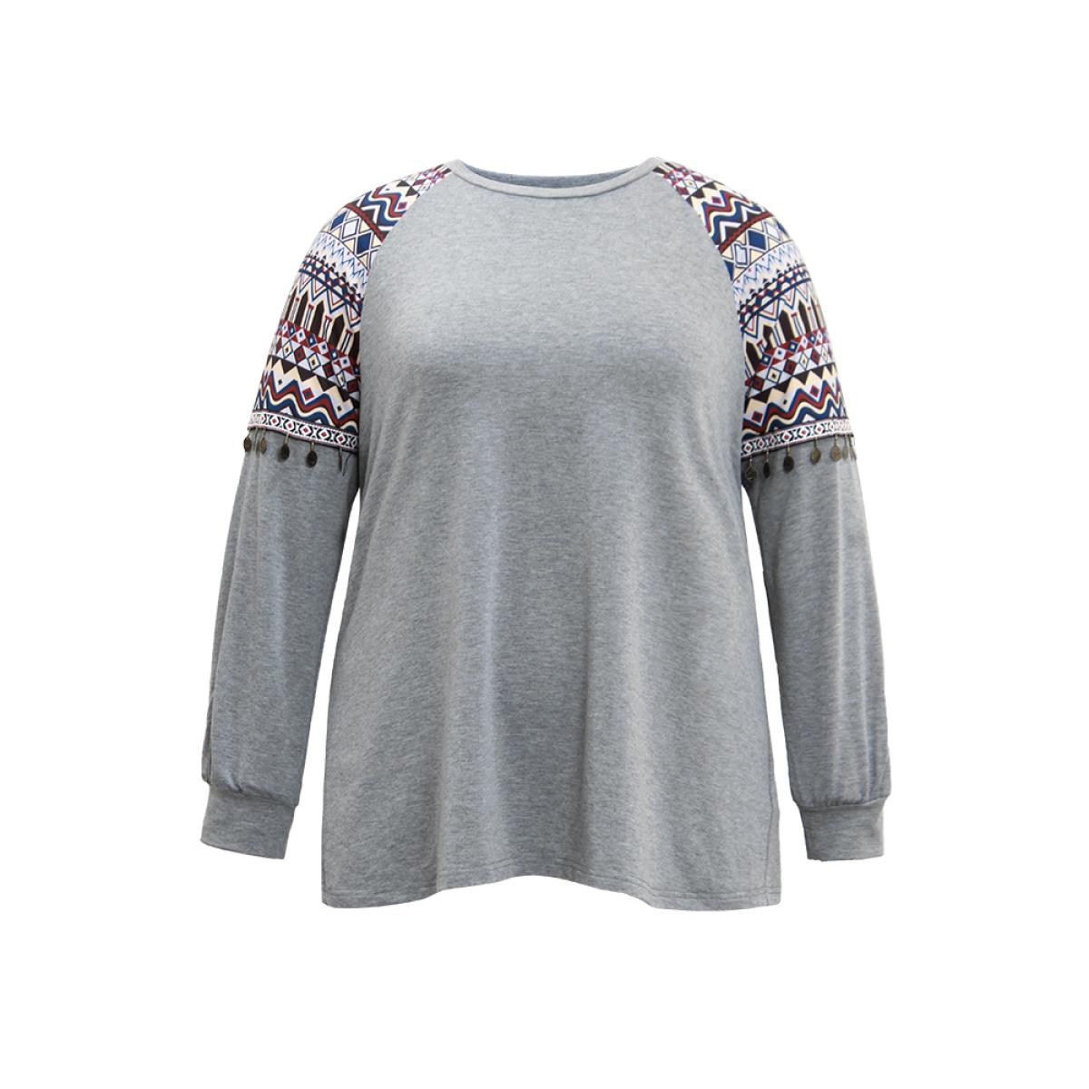 Plus Size Bandana Print Raglan Sleeve Crew Neck Sweatshirt Women Gray Casual Elastic cuffs Round Neck Dailywear Sweatshirts BloomChic 14-16/1X Product Image