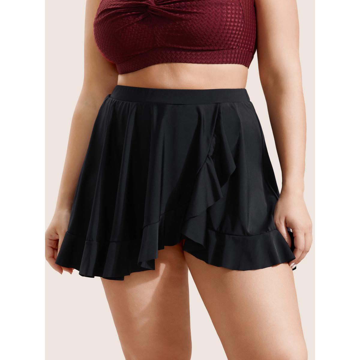 Plus Size Solid Ruffle Trim Elastic Waist Swim Bottom Women's Swimwear Black Beach Gathered High stretch Bodycon High Rise Curve Swim Bottoms BloomChic 12/L Product Image