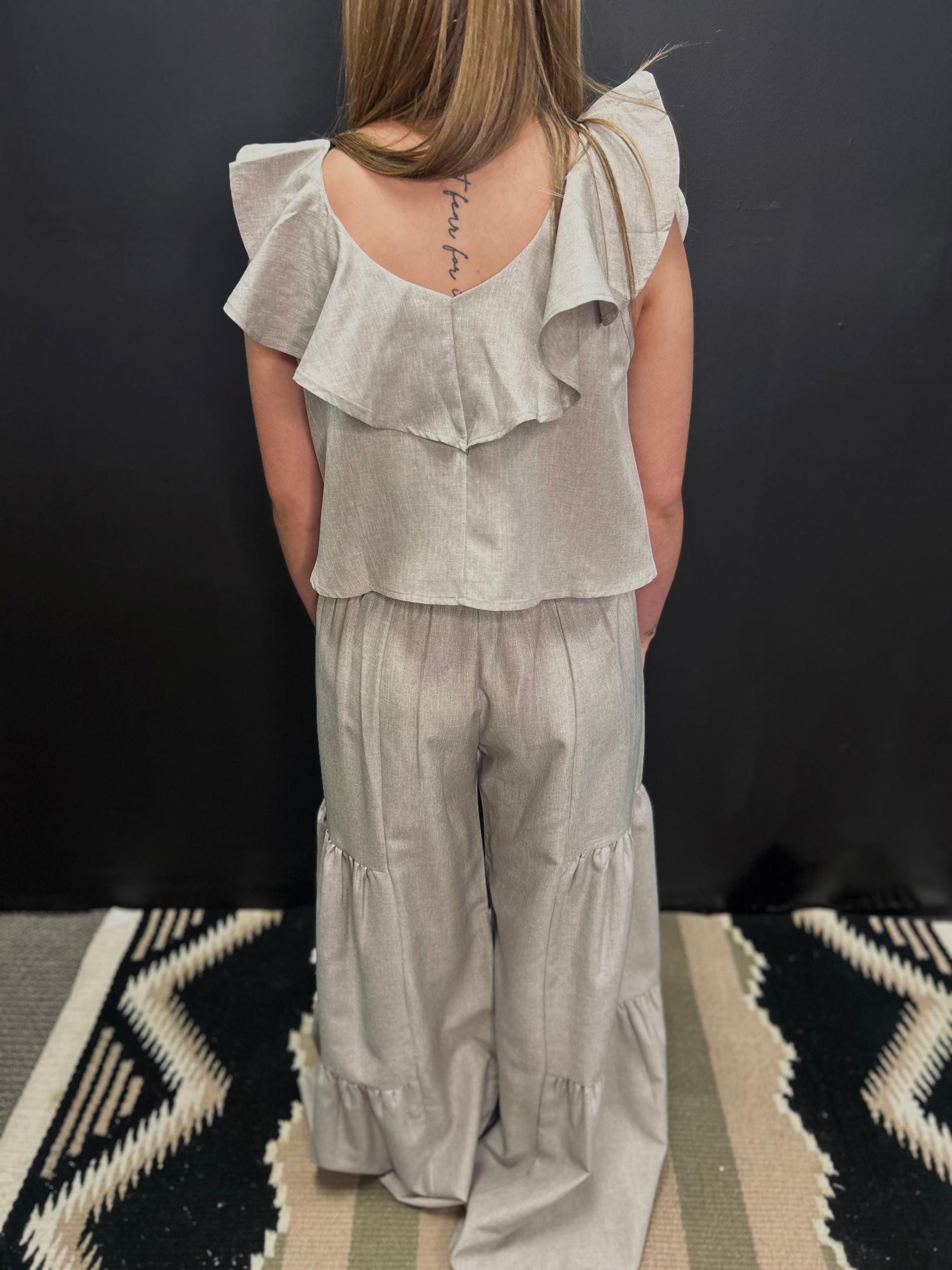 Oatmeal Smocking Waist  & Ruffled Crop Trop Set Product Image