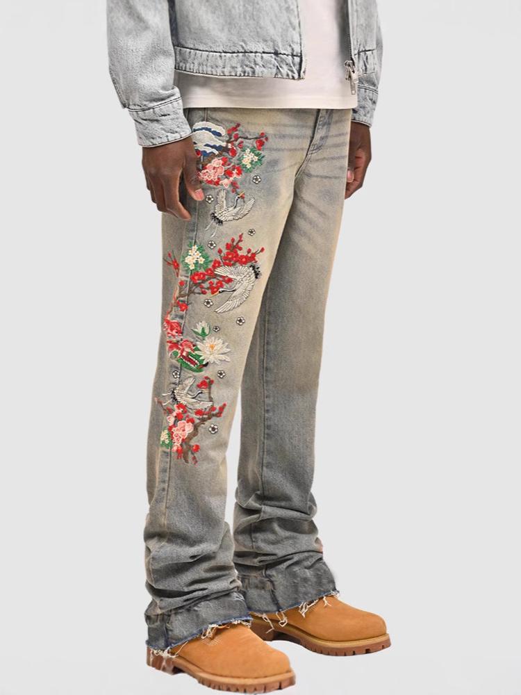 Men's Stretch Patch Embroidered Denim Straight Pants Product Image