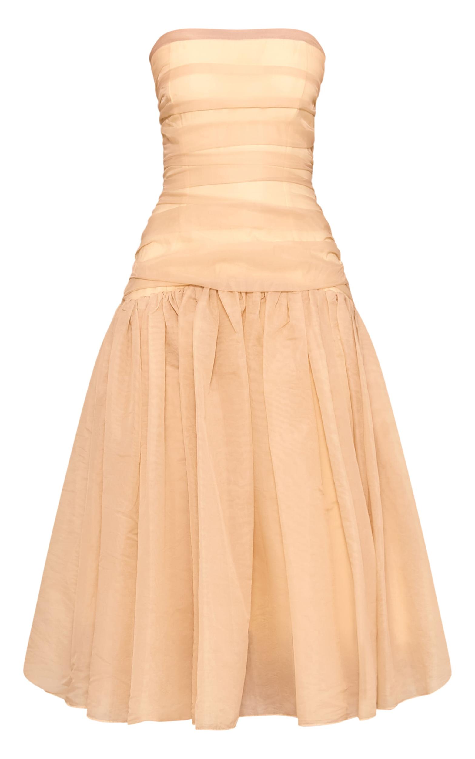 Yellow Organza Ruched Bodice Midi Dress Product Image