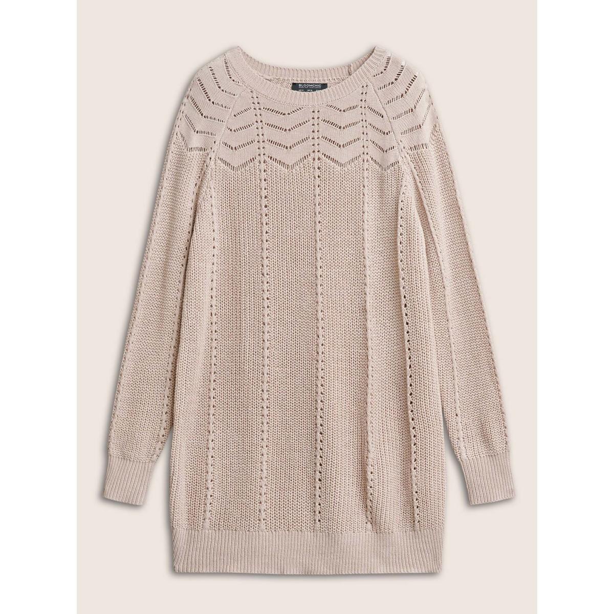 Plus Size Plain Texture Raglan Sleeve Pointelle Knit Pullover Apricot Women Casual Long Sleeve Round Neck Everyday Pullovers BloomChic 18-20/2X Product Image