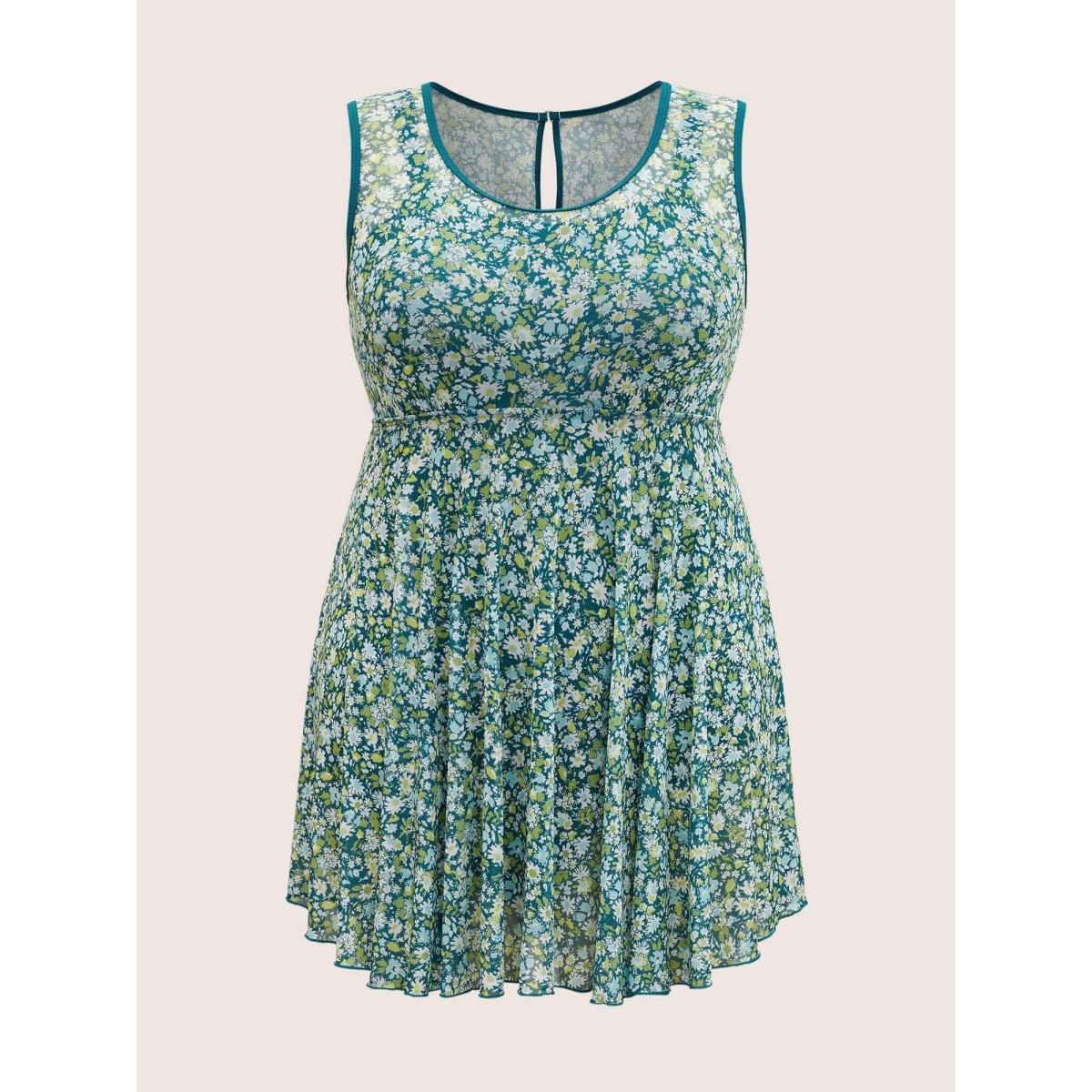 Plus Size Ditsy Floral Round Neck Cut Out Swim Dress Women's Swimwear Moss Beach Bodycon Round Neck High stretch Curve Swim Dresses BloomChic 10/M Product Image