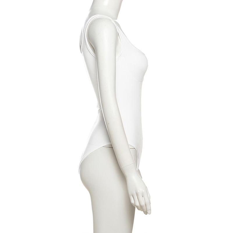 Sleeveless V-Neck Plain Ruched Zip Bodysuit Top Product Image