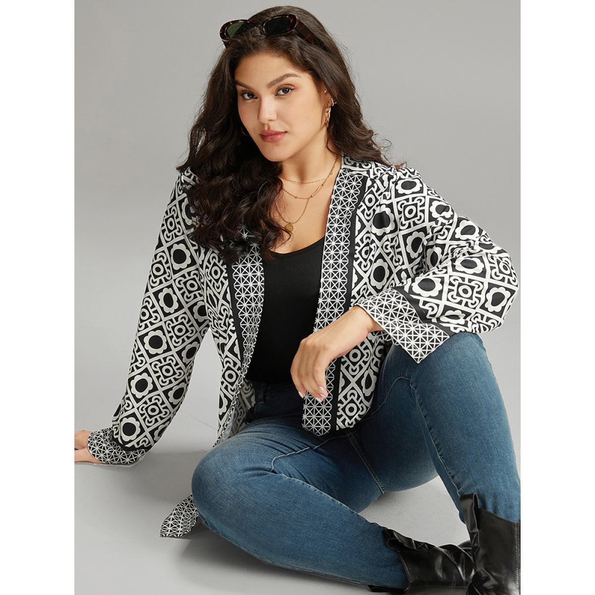 Plus Size Geometric Print Open Front Kimono Women White Casual Contrast Dailywear Kimonos BloomChic 18-20/2X Product Image