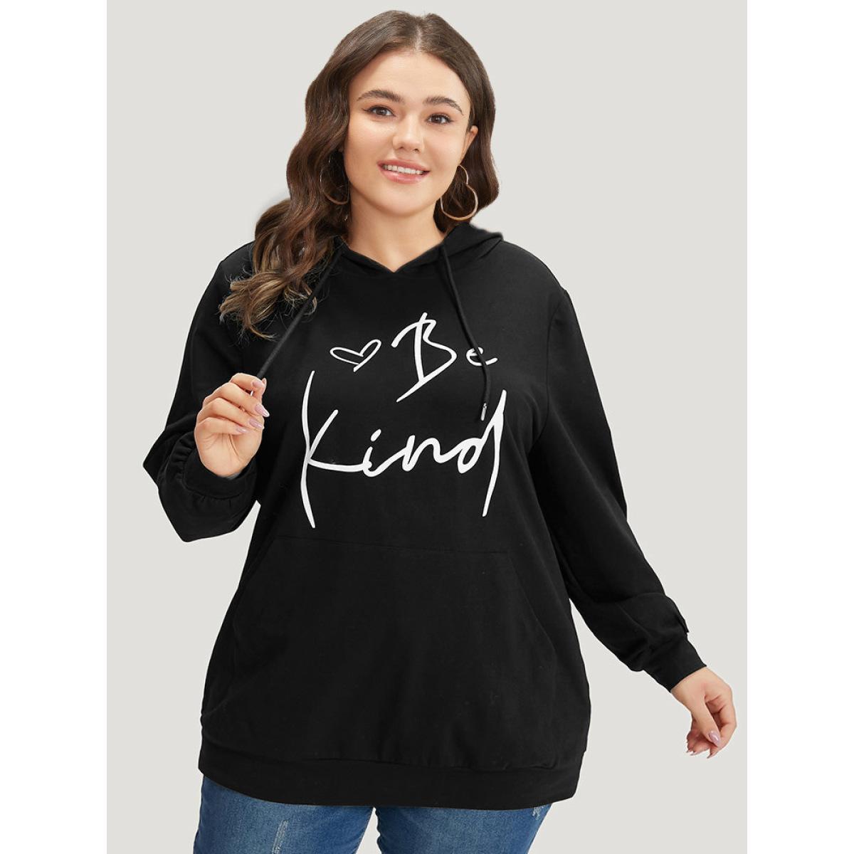 Plus Size Letter Print Pocket Drawstring Hooded Sweatshirt Women Black Casual Elastic cuffs Dailywear Sweatshirts BloomChic 12/L Product Image