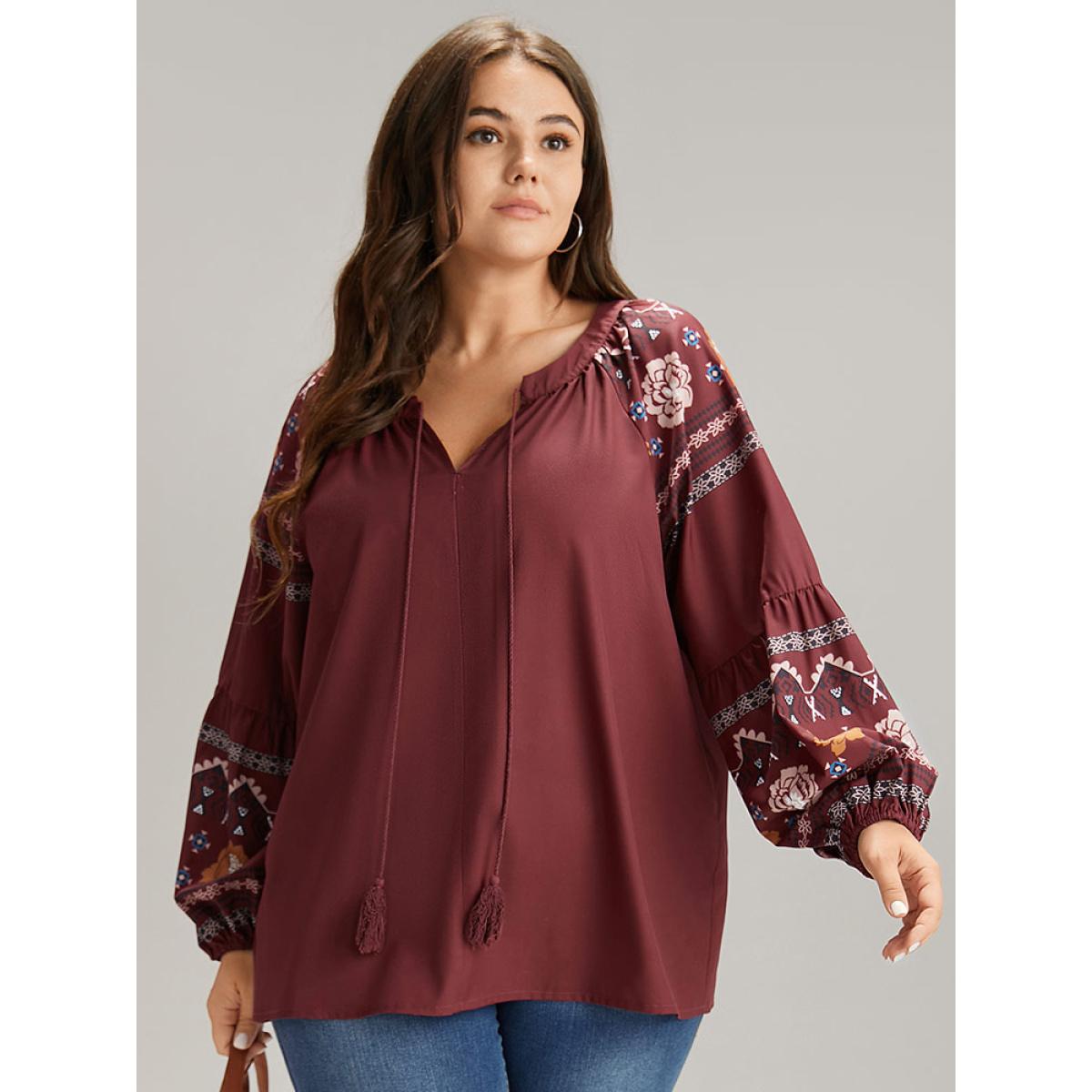 Plus Size Scarlet Boho Print Tie Neck Tassel Trim Blouse Women Vacation Long Sleeve Tie Neck Dailywear Blouses BloomChic 26/4X Product Image